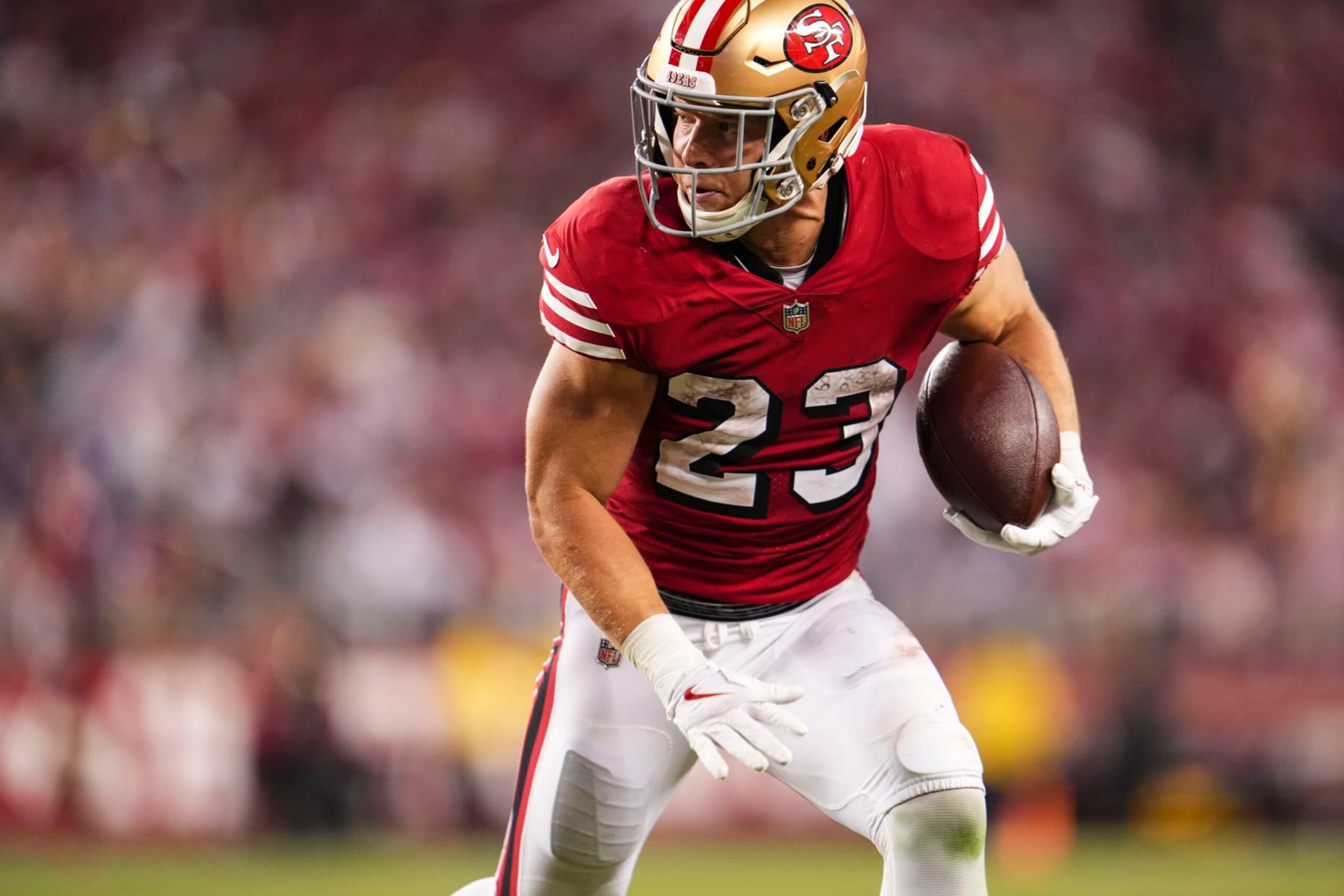 SANTA CLARA, CA - SEPTEMBER 21: Christian McCaffrey #23 of the San Francisco 49ers runs the ball at Levi's Stadium on September 21, 2023 in Santa Clara, California. (Photo by Cooper Neill/Getty Images)