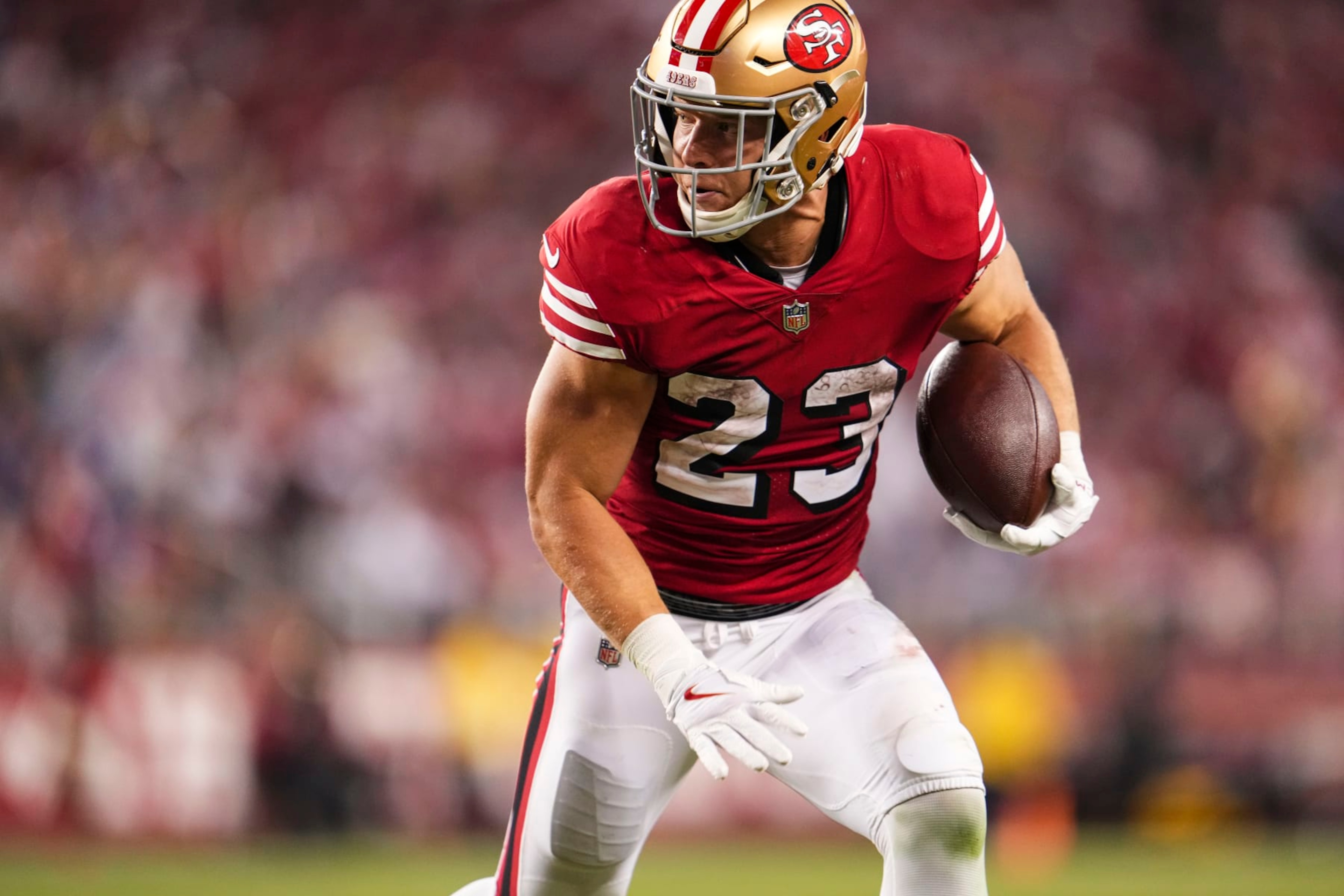 SANTA CLARA, CA - SEPTEMBER 21: Christian McCaffrey #23 of the San Francisco 49ers runs the ball at Levi's Stadium on September 21, 2023 in Santa Clara, California. (Photo by Cooper Neill/Getty Images)