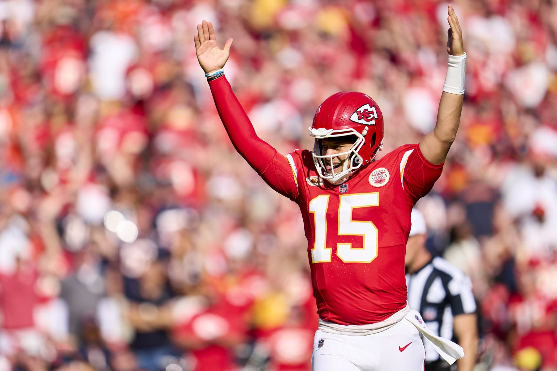 KANSAS CITY, MO - SEPTEMBER 24: Patrick Mahomes #15 of the Kansas City Chiefs celebrates after scoring a touchdown against the Chicago Bears during the first half at GEHA Field at Arrowhead Stadium on September 24, 2023 in Kansas City, Missouri. (Photo by Cooper Neill/Getty Images)