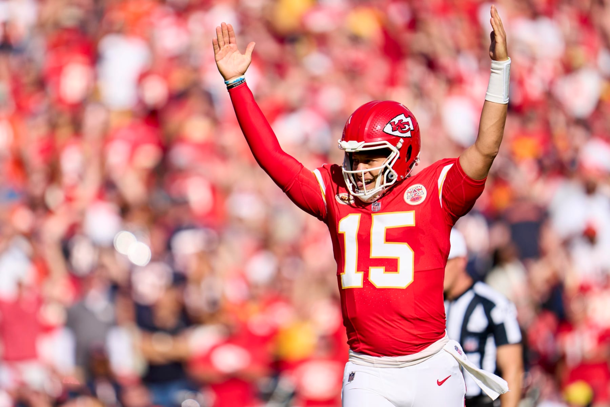 KANSAS CITY, MO - SEPTEMBER 24: Patrick Mahomes #15 of the Kansas City Chiefs celebrates after scoring a touchdown against the Chicago Bears during the first half at GEHA Field at Arrowhead Stadium on September 24, 2023 in Kansas City, Missouri. (Photo by Cooper Neill/Getty Images)