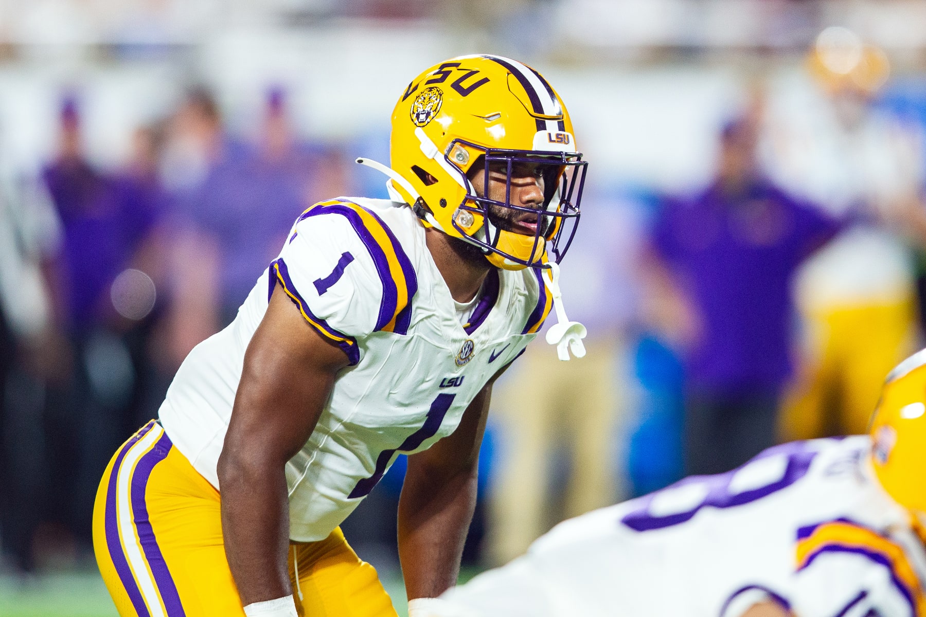 ORLANDO, FL - SEPTEMBER 03: LSU Tigers linebacker Omar Speights (1) lines up for a play during the Camping World Kickoff Game between the LSU Tigers and the Florida State Seminoles on September 03, 2023, at Camping World Stadium in Orlando, FL. (Photo by John Korduner/Icon Sportswire via Getty Images)