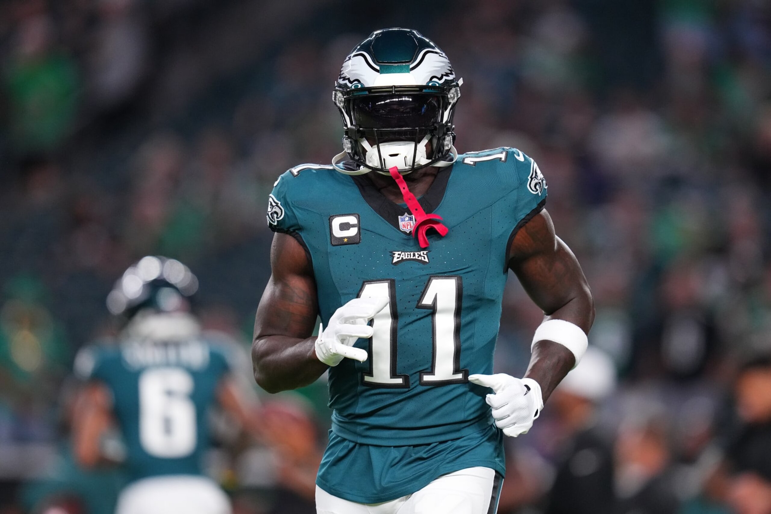 PHILADELPHIA, PENNSYLVANIA - SEPTEMBER 14: A.J. Brown #11 of the Philadelphia Eagles looks on against the Minnesota Vikings at Lincoln Financial Field on September 14, 2023 in Philadelphia, Pennsylvania. (Photo by Mitchell Leff/Getty Images)