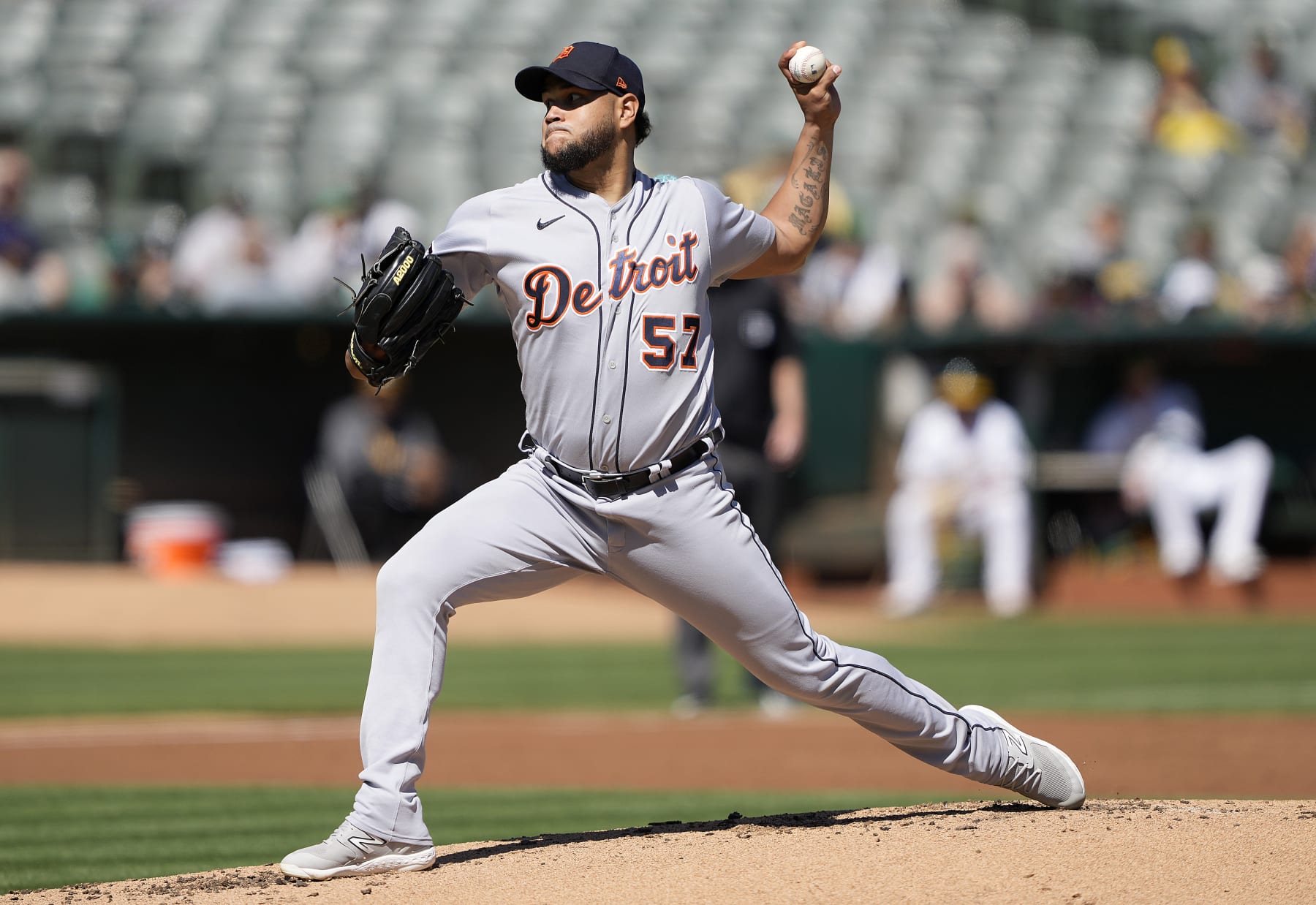 OAKLAND, CALIFORNIA - SEPTEMBER 24: Eduardo Rodriguez #57 of the Detroit Tigers pitches against the Oakland Athletics in the bottom of the first inning at RingCentral Coliseum on September 24, 2023 in Oakland, California. (Photo by Thearon W. Henderson/Getty Images)