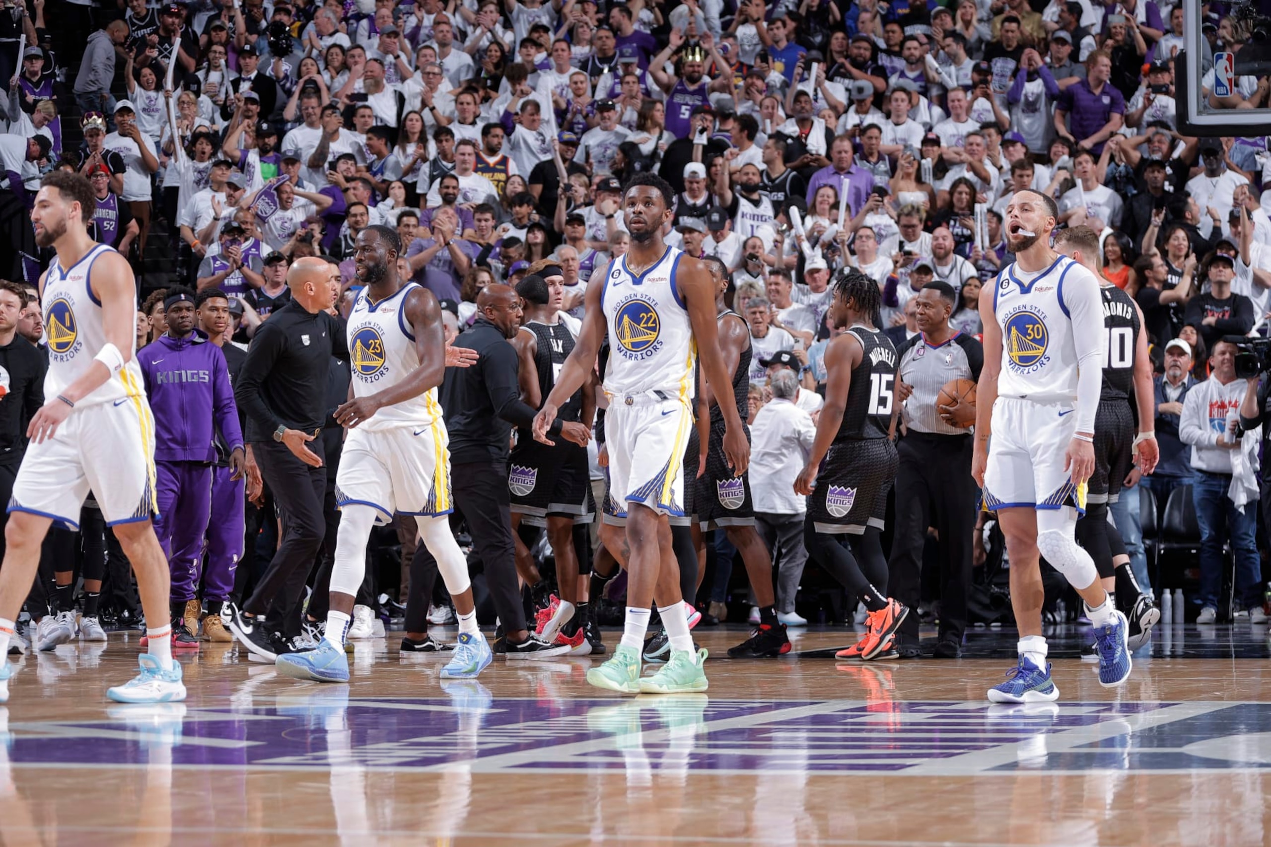 SACRAMENTO, CA - APRIL 15: Klay Thompson #11, Draymond Green #23, Andrew Wiggins #22, and Stephen Curry #30 of the Golden State Warriors walk to the bench during a timeout in a game against the Sacramento Kings during Round 1 Game 1 of the 2023 NBA Playoffs on April 15, 2023 at Golden 1 Center in Sacramento, California. NOTE TO USER: User expressly acknowledges and agrees that, by downloading and or using this photograph, User is consenting to the terms and conditions of the Getty Images Agreement. Mandatory Copyright Notice: Copyright 2023 NBAE (Photo by Rocky Widner/NBAE via Getty Images)