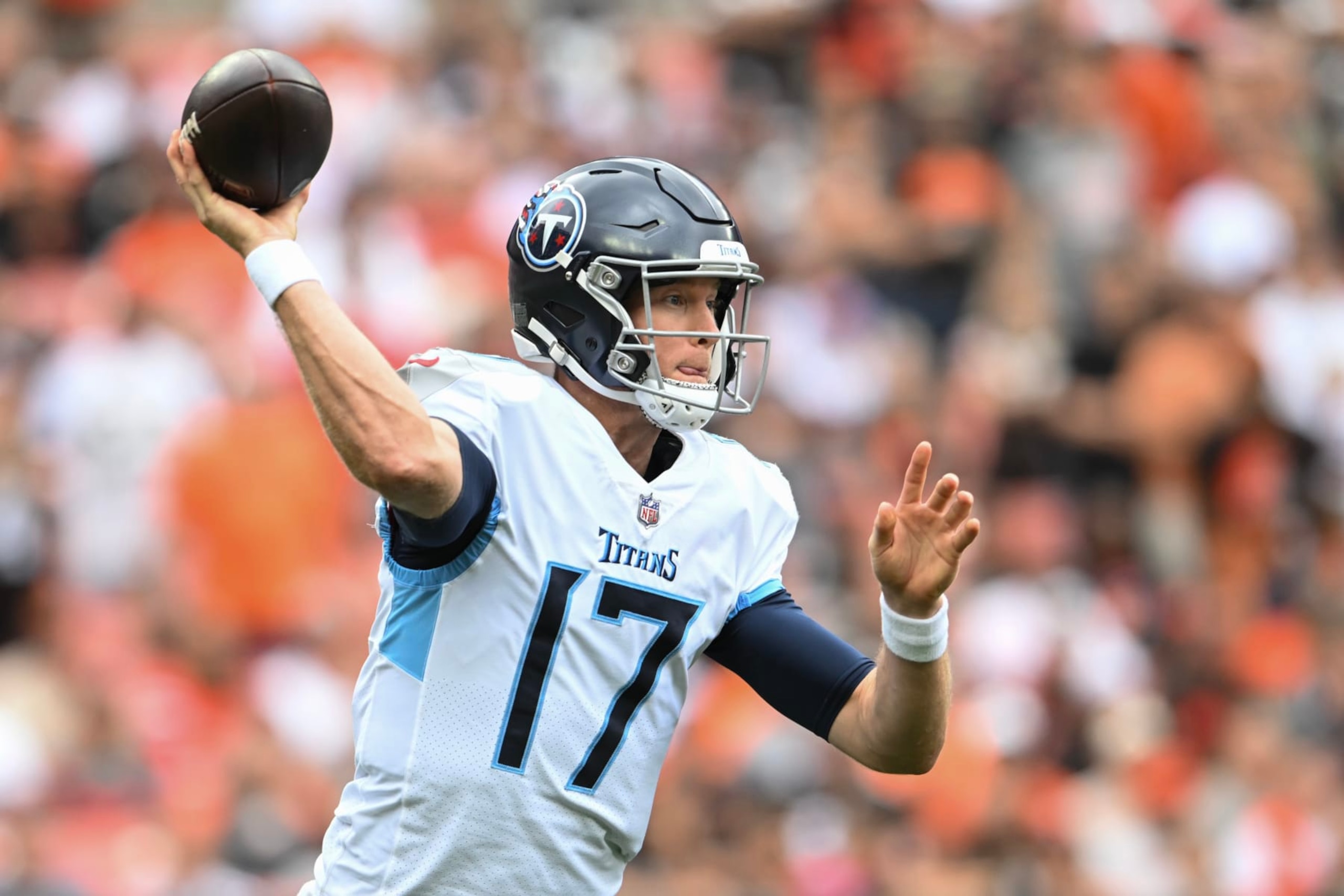 CLEVELAND, OHIO - SEPTEMBER 24: Ryan Tannehill #17 of the Tennessee Titans throws the ball during the first half in the game against the Cleveland Brown at Cleveland Browns Stadium on September 24, 2023 in Cleveland, Ohio. (Photo by Nick Cammett/Getty Images)