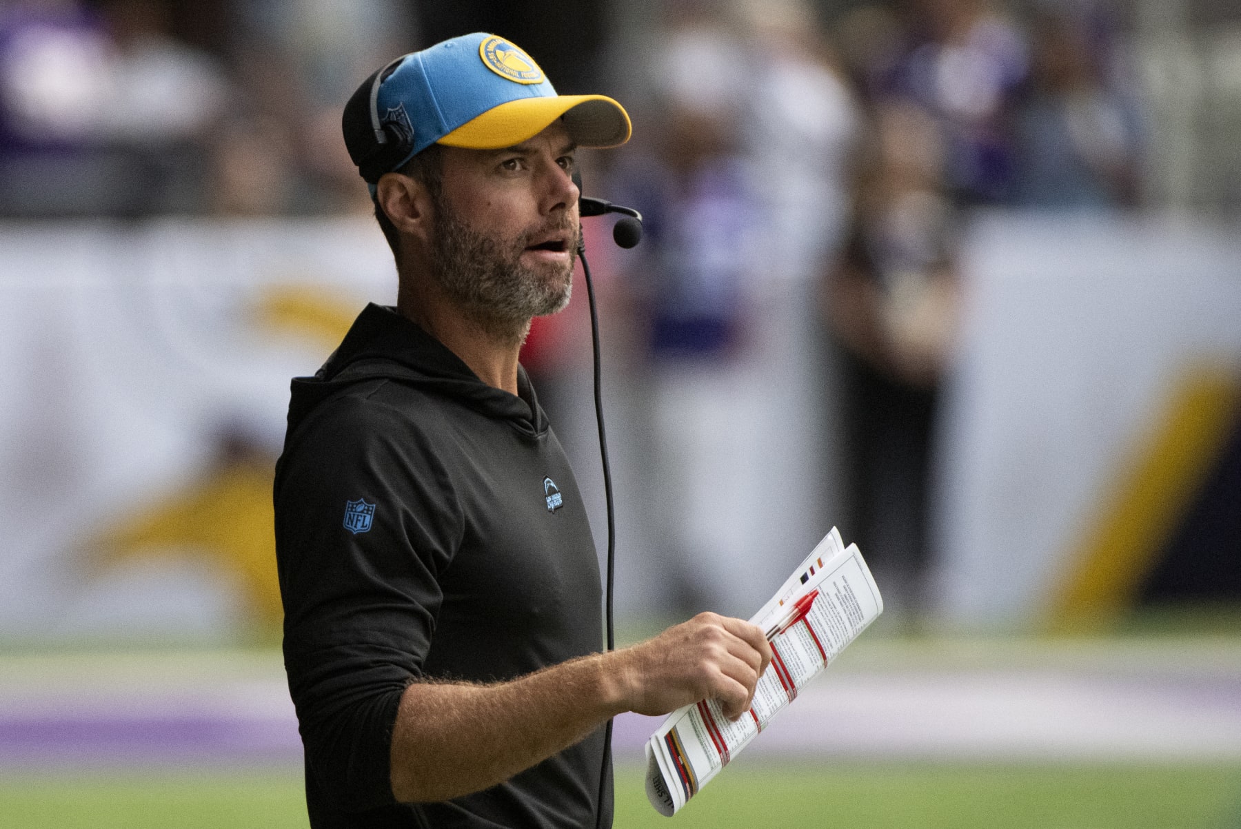 MINNEAPOLIS, MINNESOTA - SEPTEMBER 24: Los Angeles Chargers head coach Brandon Staley takes the field before the game against the Minnesota Vikings at U.S. Bank Stadium on September 24, 2023 in Minneapolis, Minnesota. (Photo by Stephen Maturen/Getty Images)
