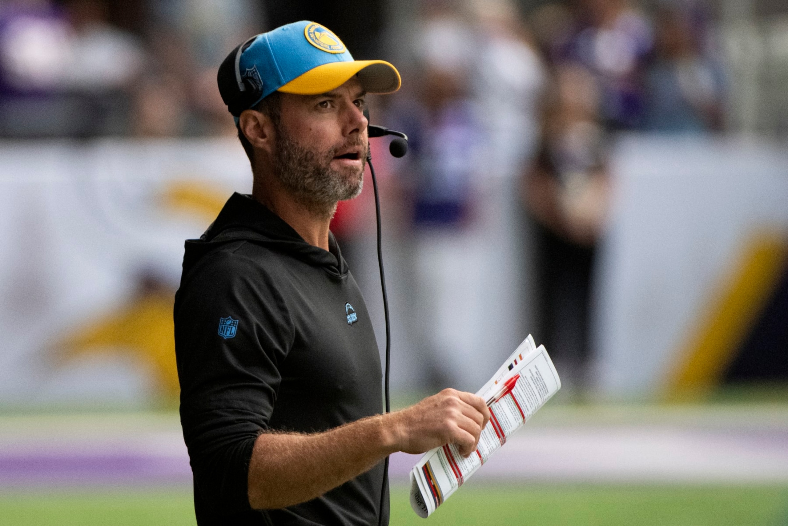 MINNEAPOLIS, MINNESOTA - SEPTEMBER 24: Los Angeles Chargers head coach Brandon Staley takes the field before the game against the Minnesota Vikings at U.S. Bank Stadium on September 24, 2023 in Minneapolis, Minnesota. (Photo by Stephen Maturen/Getty Images)