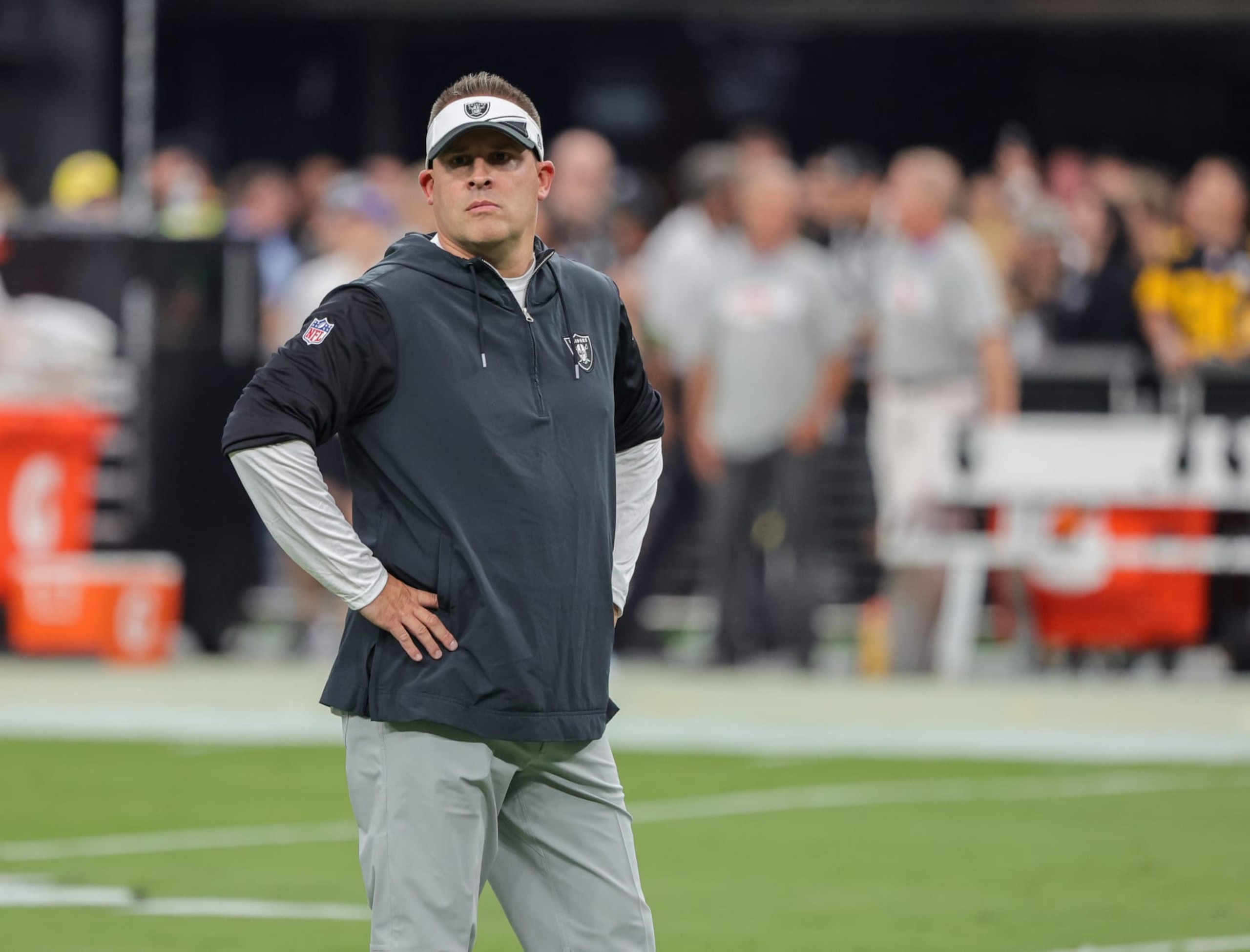 LAS VEGAS, NEVADA - SEPTEMBER 24: Head coach Josh McDaniels of the Las Vegas Raiders looks on during warmups before a game against the Pittsburgh Steelers at Allegiant Stadium on September 24, 2023 in Las Vegas, Nevada. The Steelers defeated the Raiders 23-18. (Photo by Ethan Miller/Getty Images)