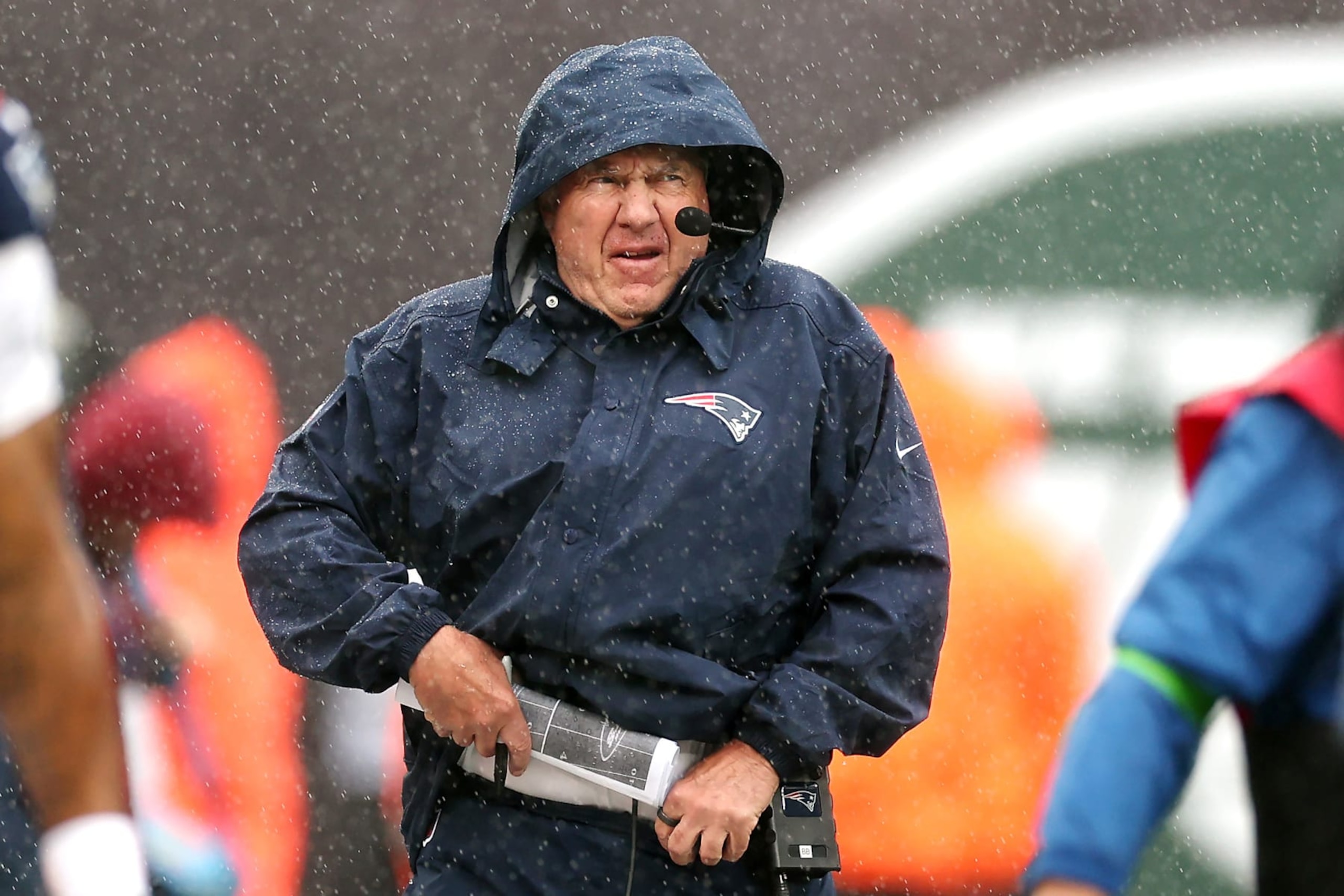 EAST RUTHERFORD, NEW JERSEY - SEPTEMBER 24: Head coach Bill Belichick of the New England Patriots looks on in the first half of a game against the New York Jets at MetLife Stadium on September 24, 2023 in East Rutherford, New Jersey. (Photo by Al Bello/Getty Images)