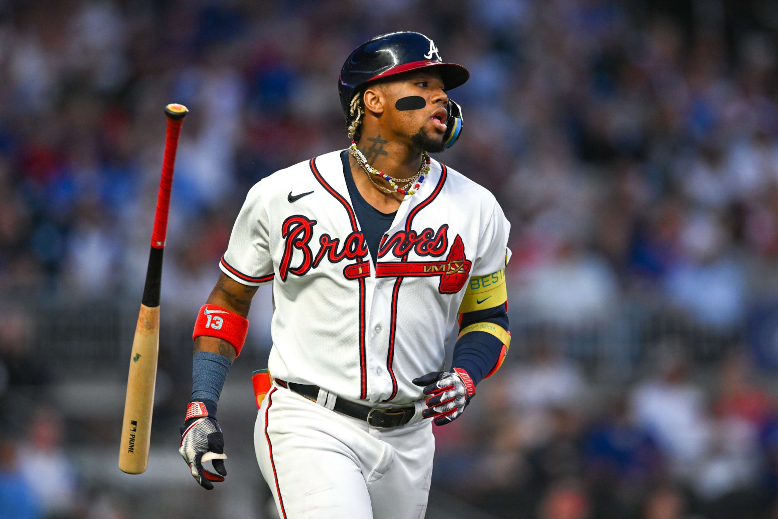 ATLANTA, GA  SEPTEMBER 27:  Atlanta right fielder Ronald Acuna Jr. (13) reacts during the MLB game between the Chicago Cubs and the Atlanta Braves on September 27th, 2023 at Truist Park in Atlanta, GA. (Photo by Rich von Biberstein/Icon Sportswire via Getty Images)