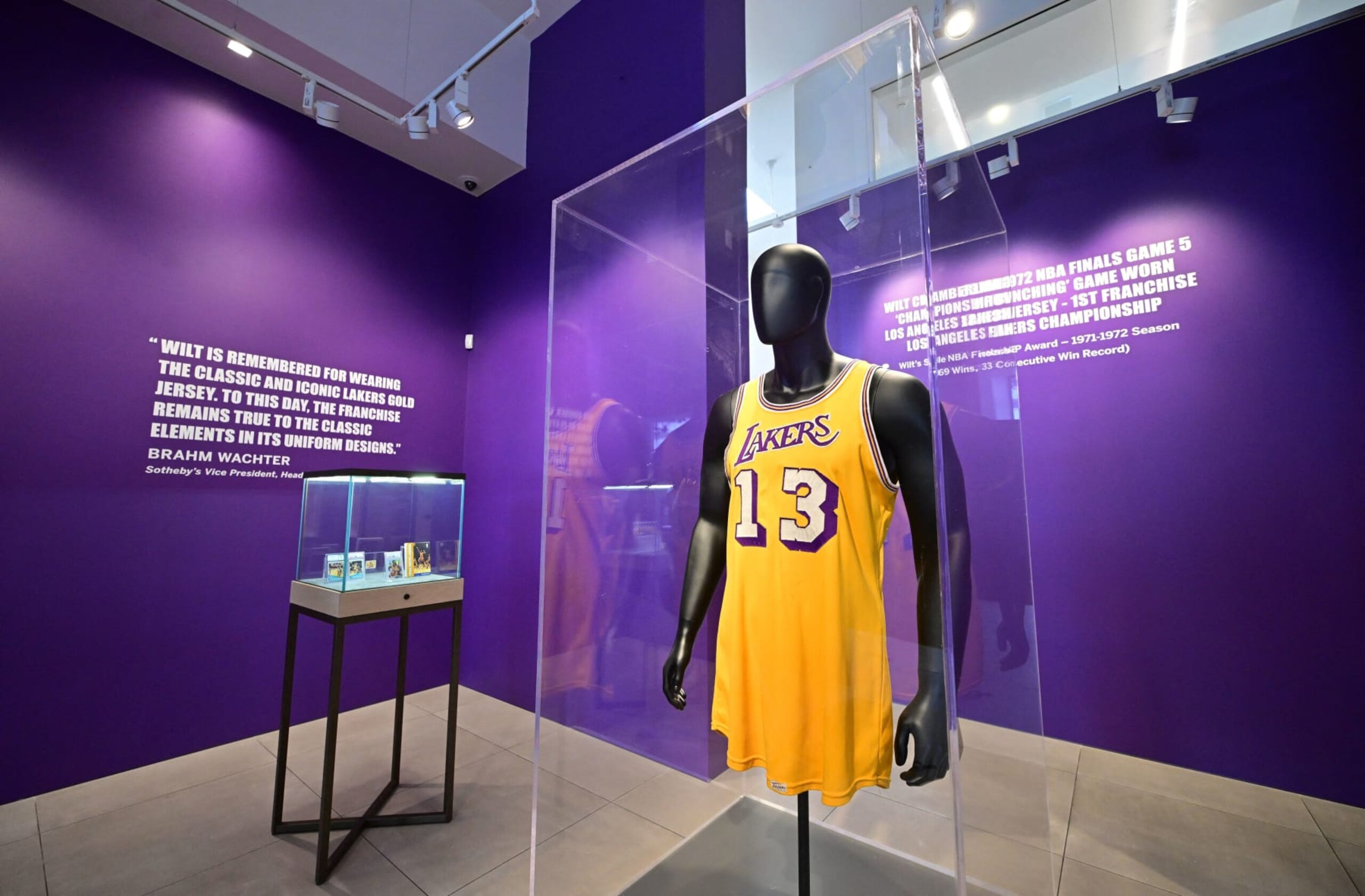 The 'Championship Clinching' jersey worn by US basketball player Wilt Chamberlain in the 1972 NBA Finals is displayed at Sotheby's Auction House in Beverly Hills, California, on August 1, 2023. The jersey is estimated at $4 million. (Photo by Frederic J. BROWN / AFP) (Photo by FREDERIC J. BROWN/AFP via Getty Images) The 'Championship Clinching' jersey worn by US basketball player Wilt Chamberlain in the 1972 NBA Finals is displayed at Sotheby's Auction House in Beverly Hills, California, on August 1, 2023. The jersey is estimated at $4 million. (Photo by Frederic J. BROWN / AFP) (Photo by FREDERIC J. BROWN/AFP via Getty Images)