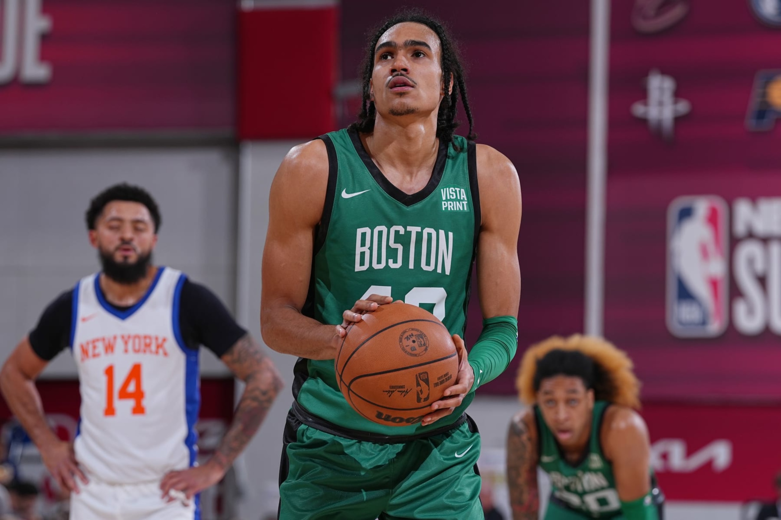 LAS VEGAS, NV - JULY 14: Dalano Banton #43 of the Boston Celtics shoots a free throw during the game against the New York Knicks during the 2023 NBA Las Vegas Summer League on July 14, 2023 at the Cox Pavilion in Las Vegas, Nevada. NOTE TO USER: User expressly acknowledges and agrees that, by downloading and or using this photograph, User is consenting to the terms and conditions of the Getty Images License Agreement. Mandatory Copyright Notice: Copyright 2023 NBAE (Photo by Bart Young/NBAE via Getty Images)