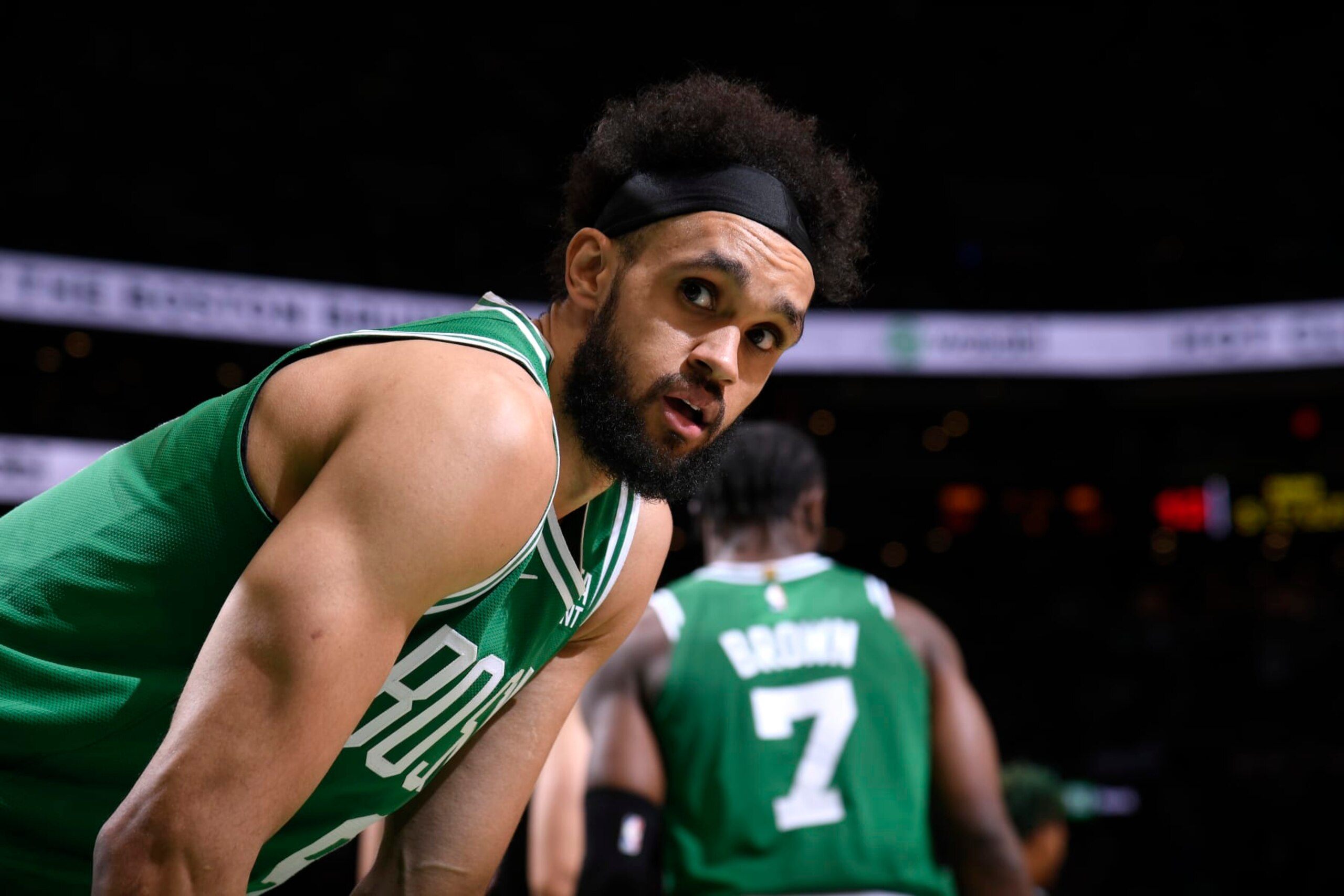 BOSTON, MA - MAY 29: Derrick White #9 of the Boston Celtics looks on during round 3 game 7 of the Eastern Conference finals 2023 NBA Playoffs against the Miami Heat on May 29, 2023 at the TD Garden in Boston, Massachusetts. NOTE TO USER: User expressly acknowledges and agrees that, by downloading and or using this photograph, User is consenting to the terms and conditions of the Getty Images License Agreement. Mandatory Copyright Notice: Copyright 2023 NBAE  (Photo by Brian Babineau/NBAE via Getty Images)
