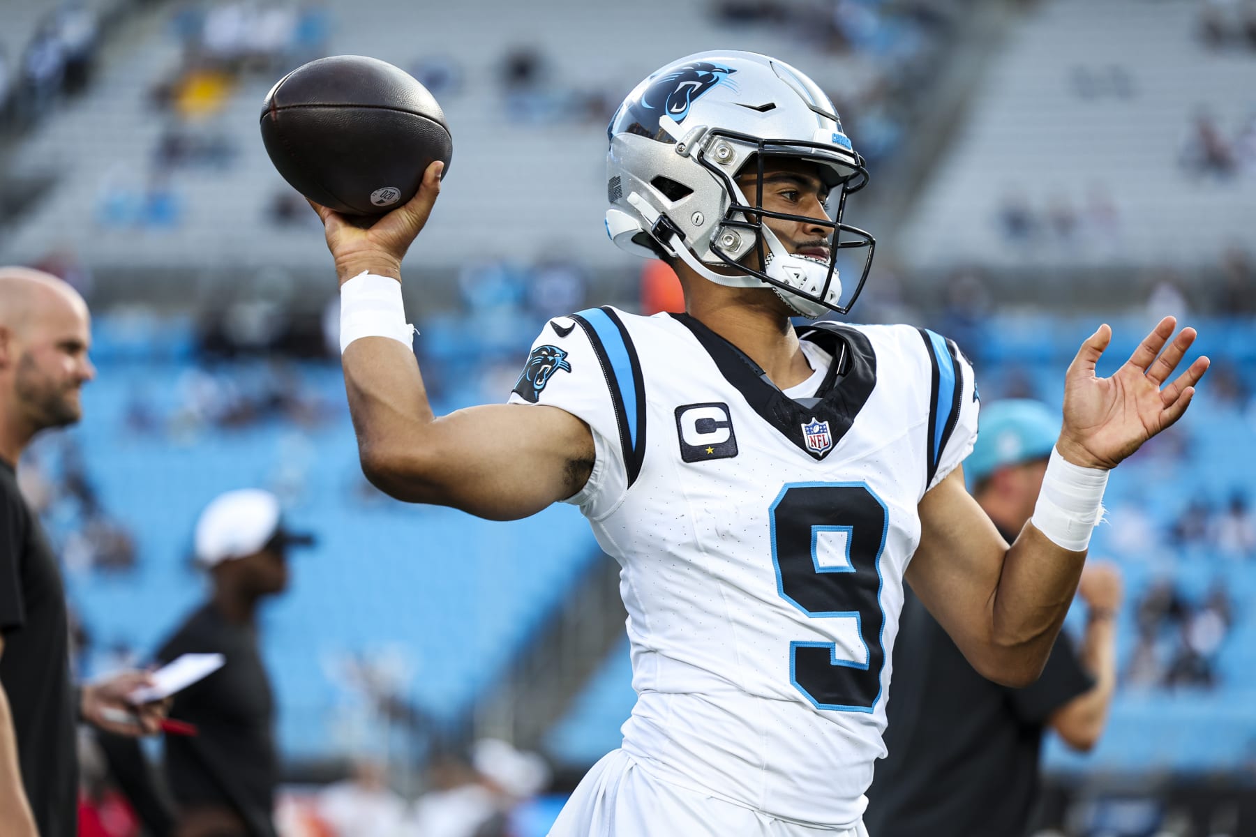 CHARLOTTE, NC - SEPTEMBER 18: Bryce Young #9 of the Carolina Panthers warms up prior to an NFL football game against the New Orleans Saints at Bank of America Stadium on September 18, 2023 in Charlotte, North Carolina. (Photo by Perry Knotts/Getty Images) CHARLOTTE, NC - SEPTEMBER 18: Bryce Young #9 of the Carolina Panthers warms up prior to an NFL football game against the New Orleans Saints at Bank of America Stadium on September 18, 2023 in Charlotte, North Carolina. (Photo by Perry Knotts/Getty Images)