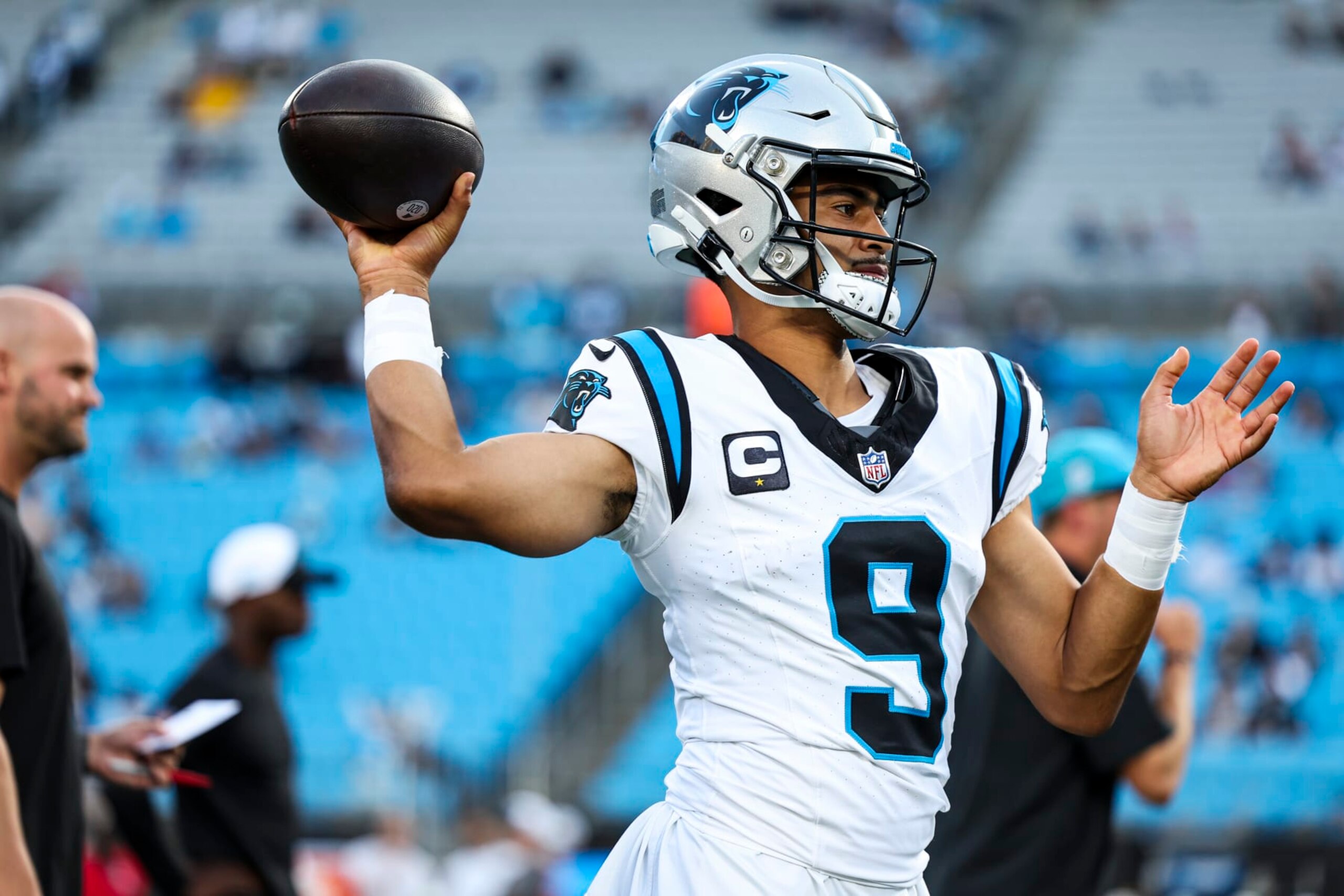 CHARLOTTE, NC - SEPTEMBER 18: Bryce Young #9 of the Carolina Panthers warms up prior to an NFL football game against the New Orleans Saints at Bank of America Stadium on September 18, 2023 in Charlotte,  North Carolina. (Photo by Perry Knotts/Getty Images)