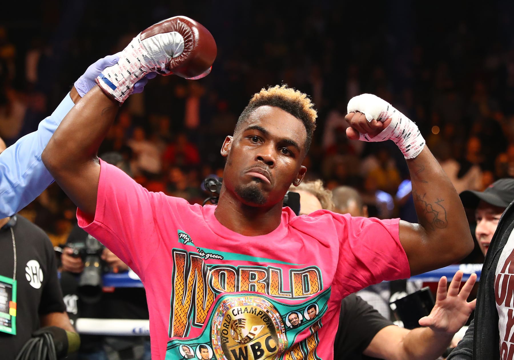 NEW YORK, NY - OCTOBER 14:  Jermell Charlo celebrates his first round knockout against Erickson Lubin during their WBC Junior Middleweight Title bout at Barclays Center of Brooklyn on October 14, 2017 in New York City.  (Photo by Al Bello/Getty Images)