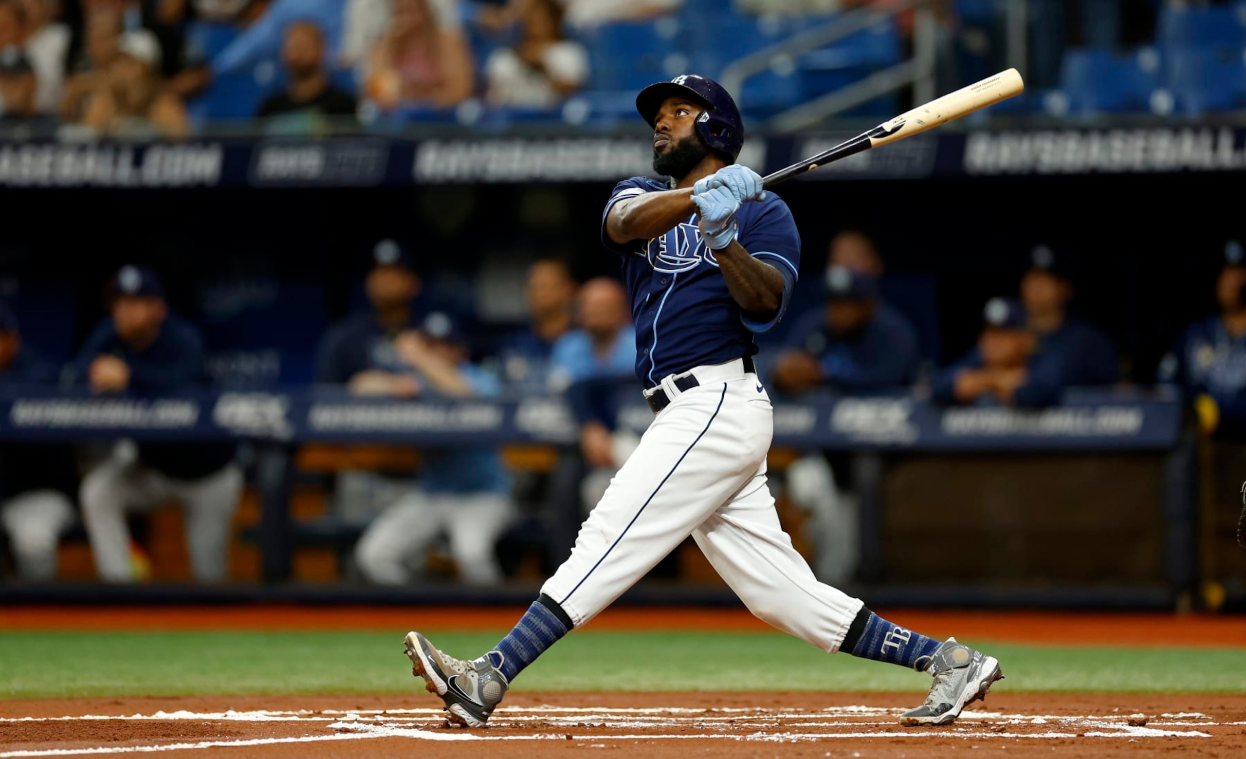 ST PETERSBURG, FLORIDA - SEPTEMBER 19: Randy Arozarena #56 of the Tampa Bay Rays hit a two run home run in the first inning during a game against the Los Angeles Angels at Tropicana Field on September 19, 2023 in St Petersburg, Florida. (Photo by Mike Ehrmann/Getty Images)