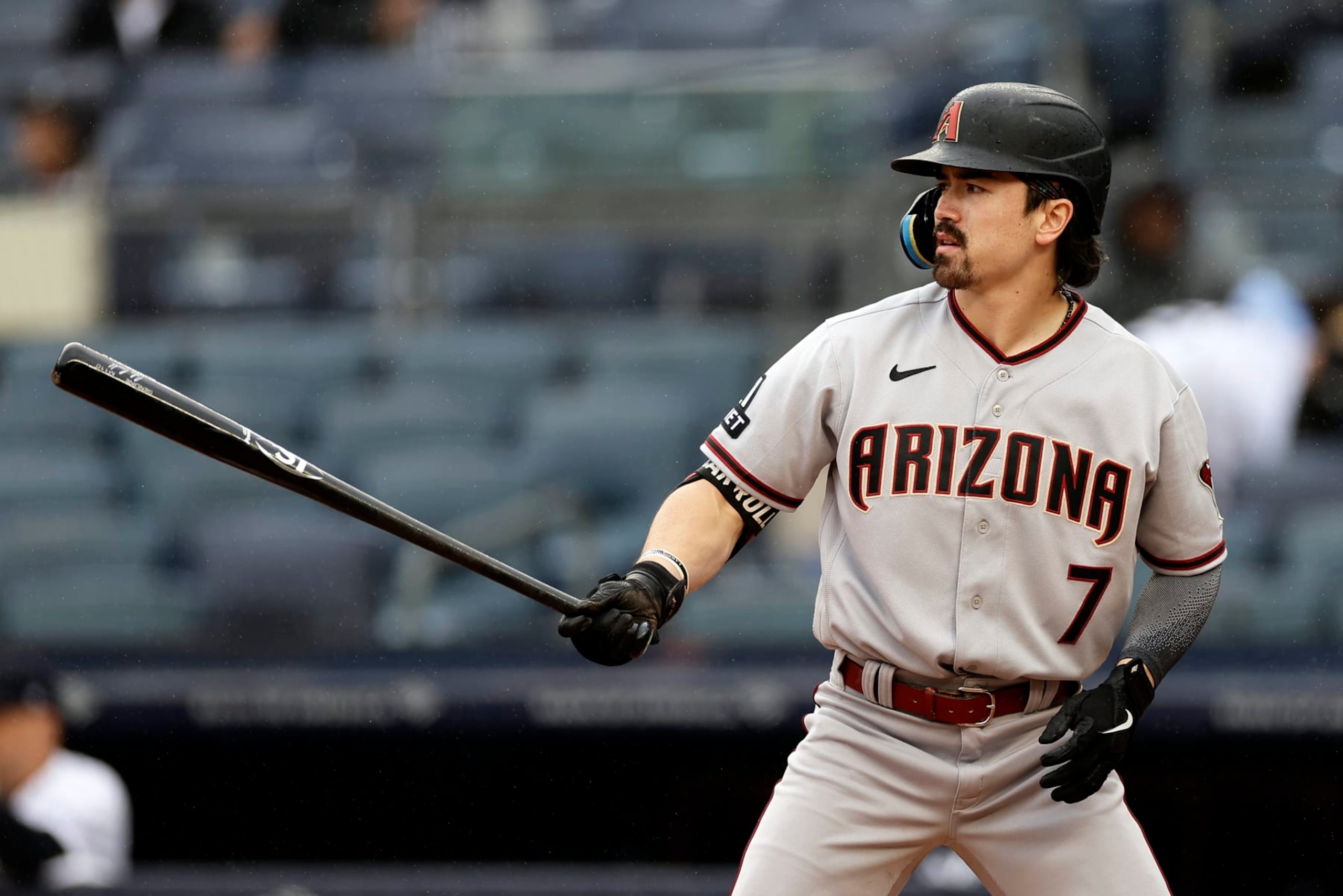 NEW YORK, NY - SEPTEMBER 25: Corbin Carroll #7 of the Arizona Diamondbacks in action against the New York Yankees during the first inning at Yankee Stadium on September 25, 2023 in New York City. (Photo by Adam Hunger/Getty Images)