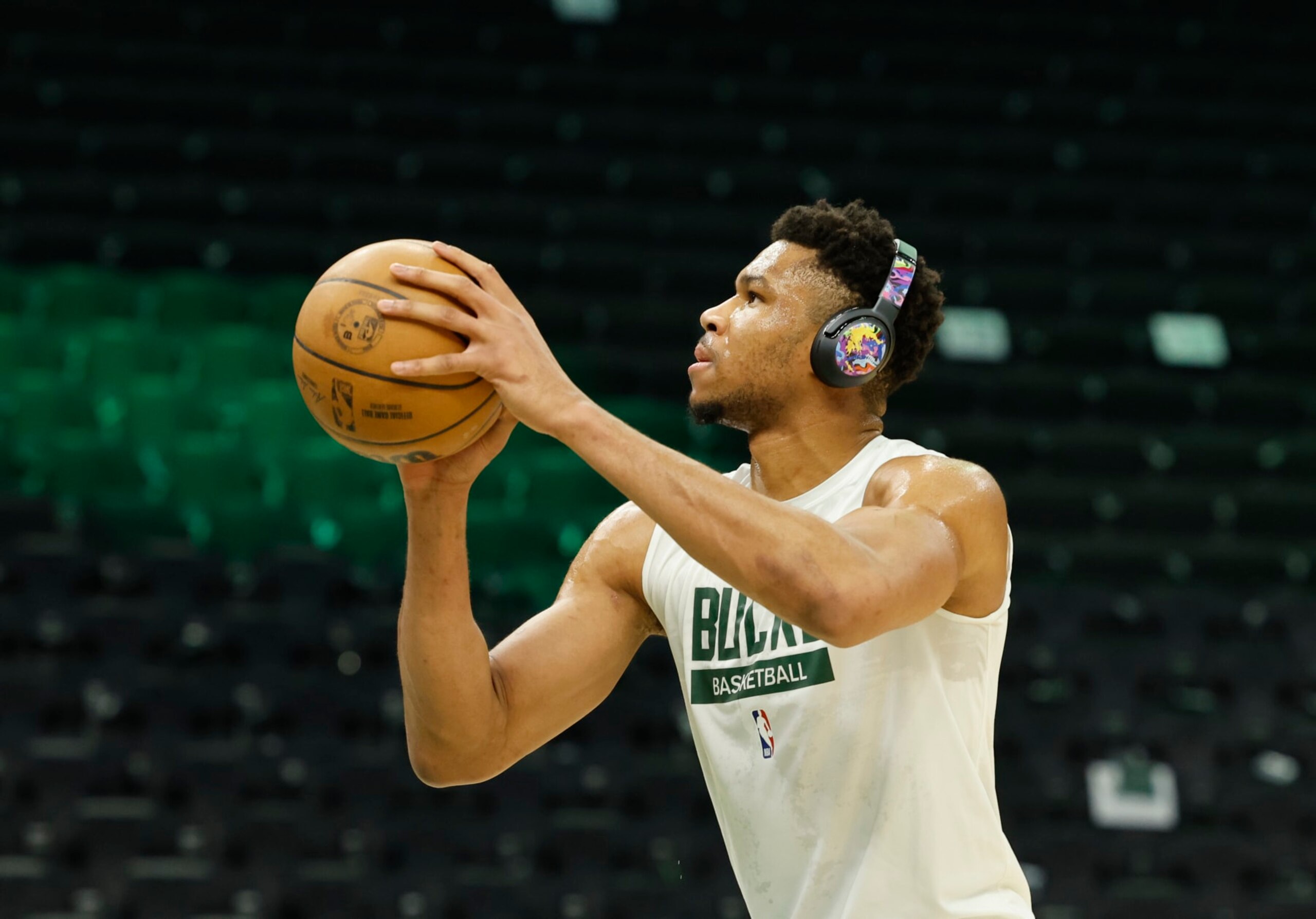 Milwaukee Bucks forward Giannis Antetokounmpo (34) warms up before Game 5 in a first-round NBA basketball playoff series against the Miami Heat, Wednesday, April 26, 2023, in Milwaukee. (AP Photo/Jeffrey Phelps)