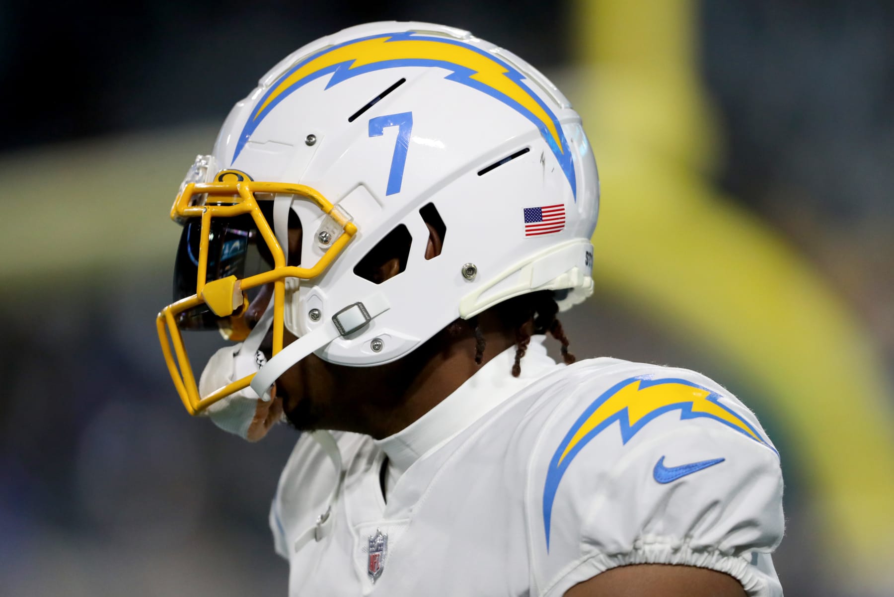 JACKSONVILLE, FLORIDA - JANUARY 14: Gerald Everett #7 of the Los Angeles Chargers warms up prior to a game against the Jacksonville Jaguars in the AFC Wild Card playoff game at TIAA Bank Field on January 14, 2023 in Jacksonville, Florida. (Photo by Courtney Culbreath/Getty Images)
