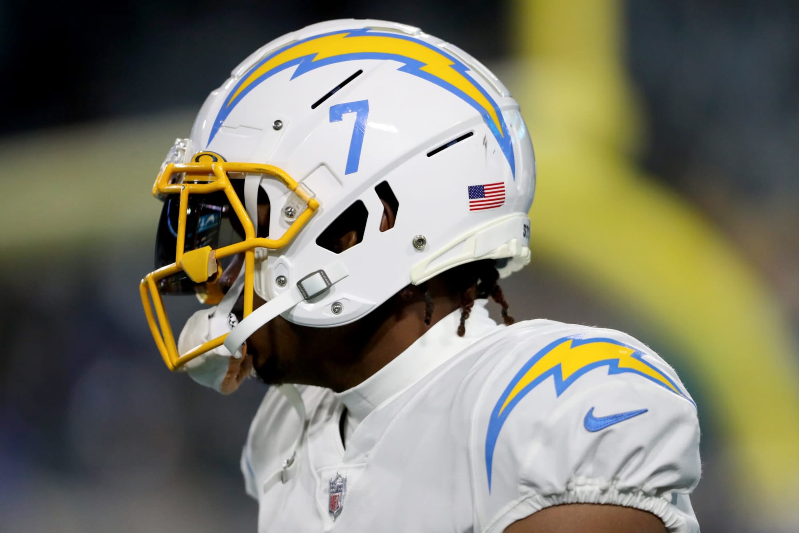 JACKSONVILLE, FLORIDA - JANUARY 14: Gerald Everett #7 of the Los Angeles Chargers warms up prior to a game against the Jacksonville Jaguars in the AFC Wild Card playoff game at TIAA Bank Field on January 14, 2023 in Jacksonville, Florida. (Photo by Courtney Culbreath/Getty Images)
