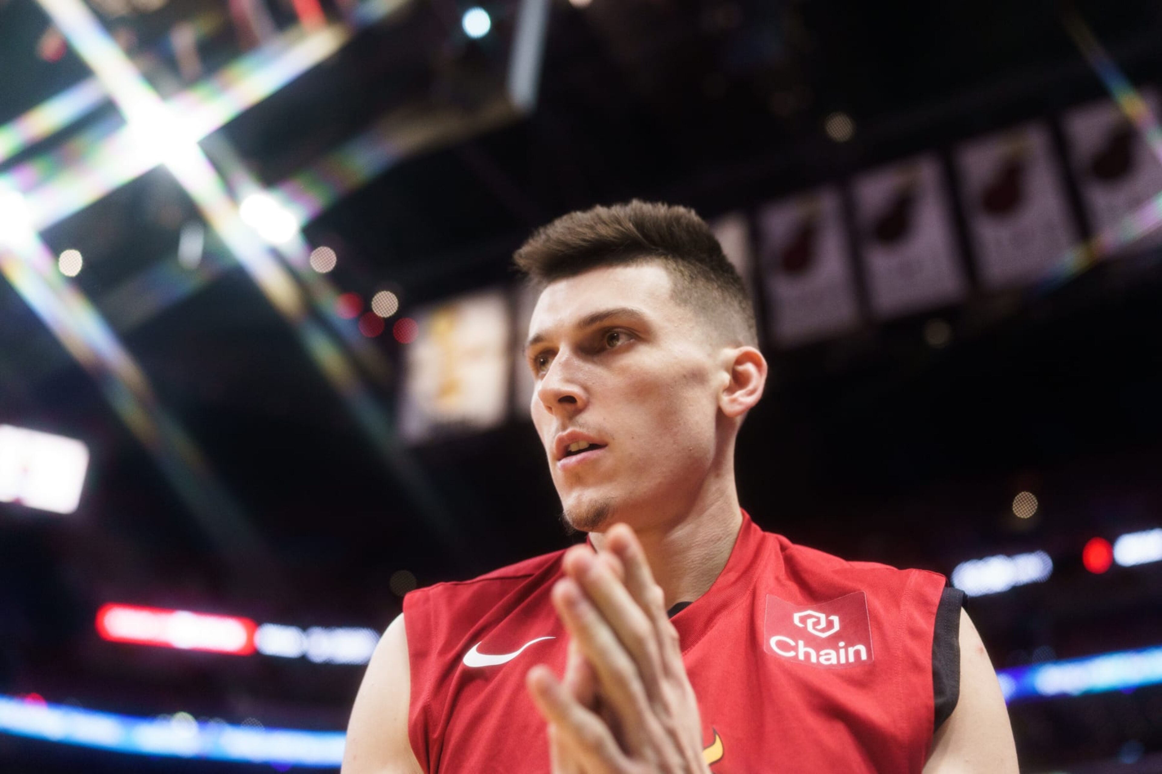 MIAMI, FL - APRIL 14: (EDITORS NOTE: A special effects camera filter was used for this image.)  Tyler Herro #14 of the Miami Heat during shootaround before the Chicago Bulls game against the Miami Heat at Kaseya Center on April 14, 2023 in Miami, Florida.  NOTE TO USER: User expressly acknowledges and agrees that, by downloading and or using this Photograph, user is consenting to the terms and conditions of the Getty Images License Agreement. (Photo by Bryan Cereijo/Getty Images)