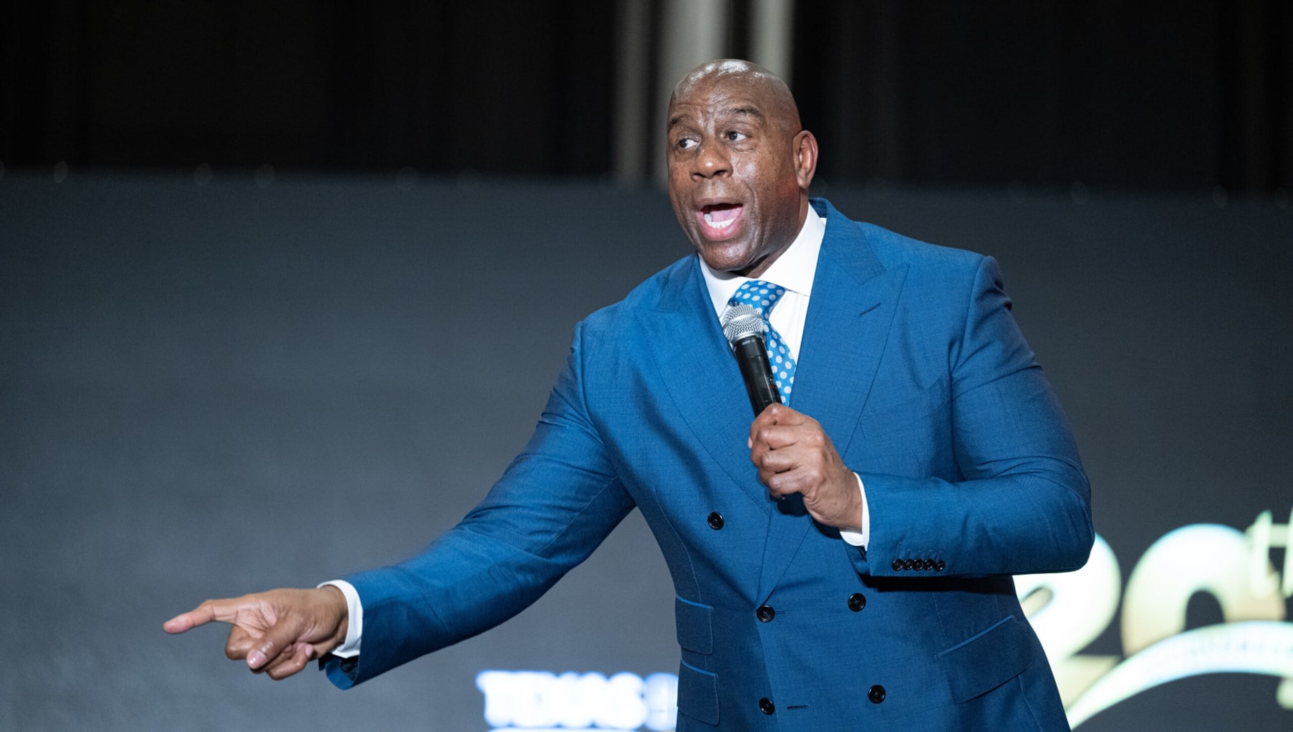 HOUSTON, TEXAS - MAY 19: Earvin "Magic" Johnson speaks on stage during the 2023 Texas Black Expo 20th Anniversary corporate awards luncheon at Marriott Marquis Houston on May 19, 2023 in Houston, Texas. (Photo by Marcus Ingram/Getty Images)
