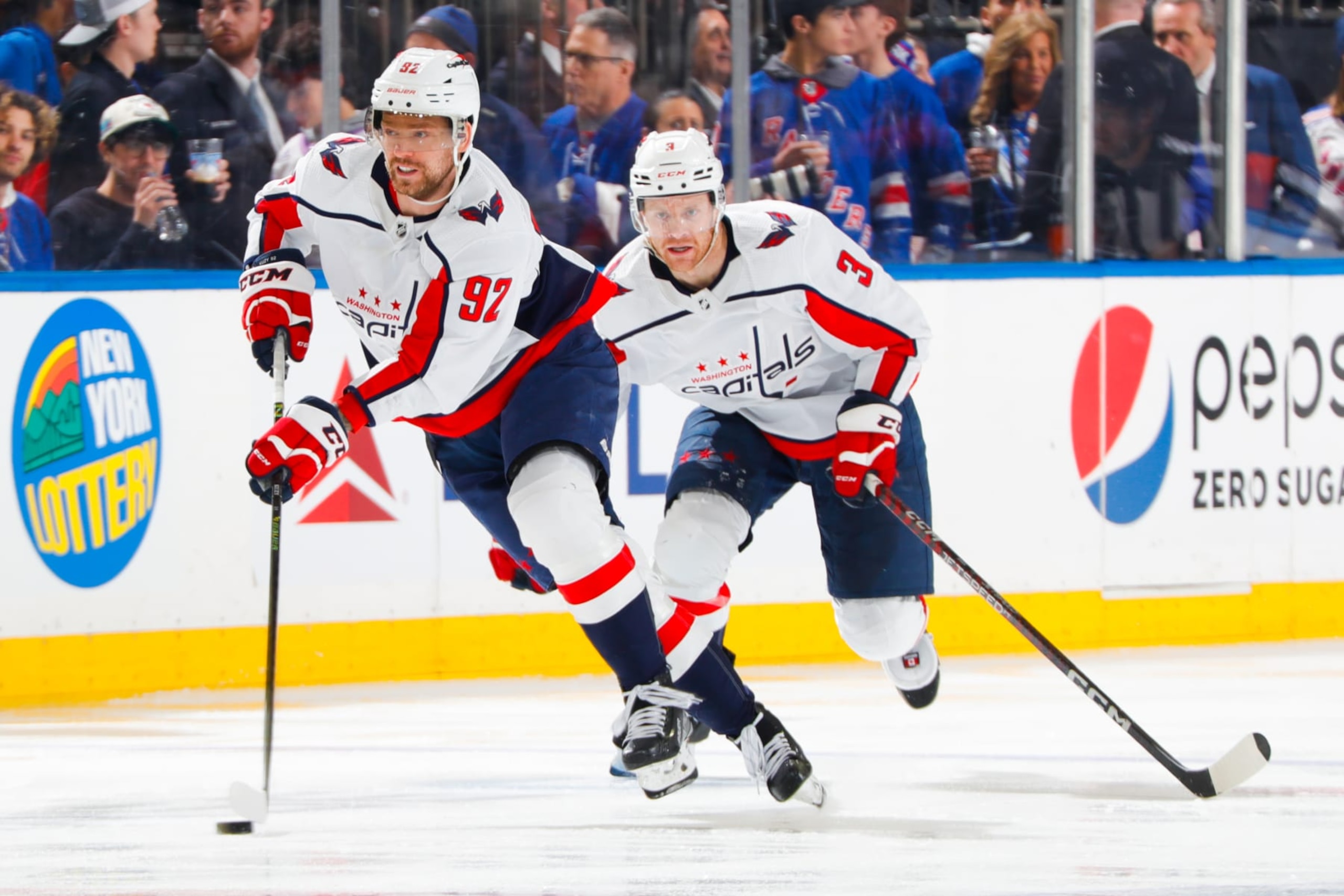 NEW YORK, NEW YORK - MARCH 14:  Evgeny Kuznetsov #92 of the Washington Capitals skates with the puck against the New York Rangers at Madison Square Garden on March 14, 2023 in New York City. (Photo by Jared Silber/NHLI via Getty Images)