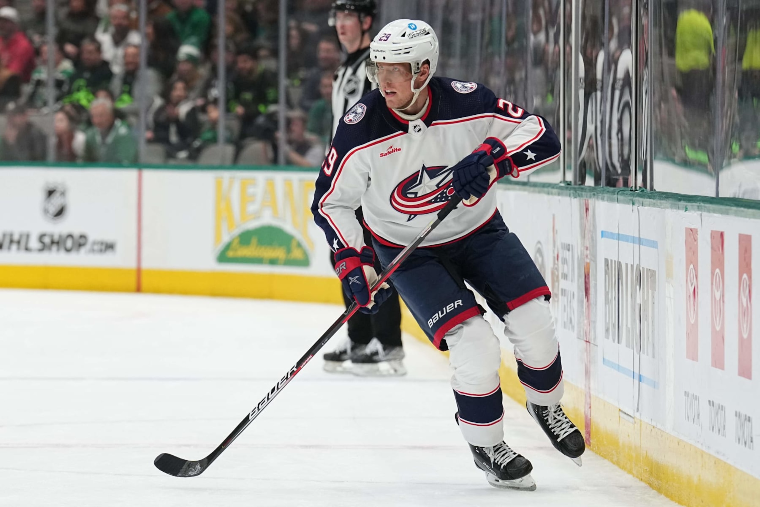 DALLAS, TX - FEBRUARY 18: Patrik Laine #29 of the Columbus Blue Jackets skates against the Dallas Stars at the American Airlines Center on February 18, 2023 in Dallas, Texas. (Photo by Glenn James/NHLI via Getty Images)