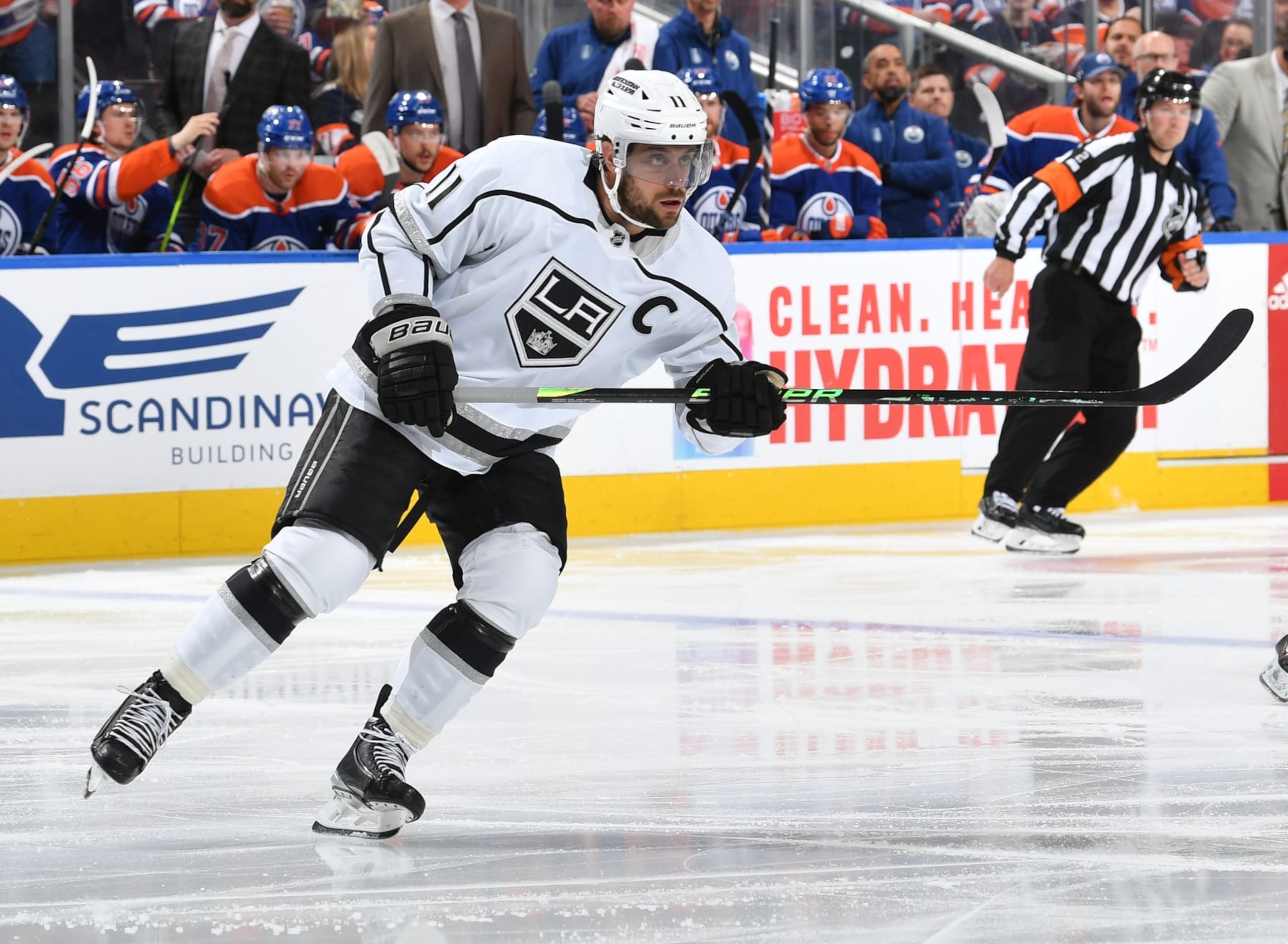 EDMONTON, CANADA - APRIL 25: Anze Kopitar #11 of the Los Angeles Kings skates in Game Five of the First Round of the 2023 Stanley Cup Playoffs against the Edmonton Oilers at Rogers Place on April 25, 2023, in Edmonton, Alberta, Canada. (Photo by Andy Devlin/NHLI via Getty Images)
