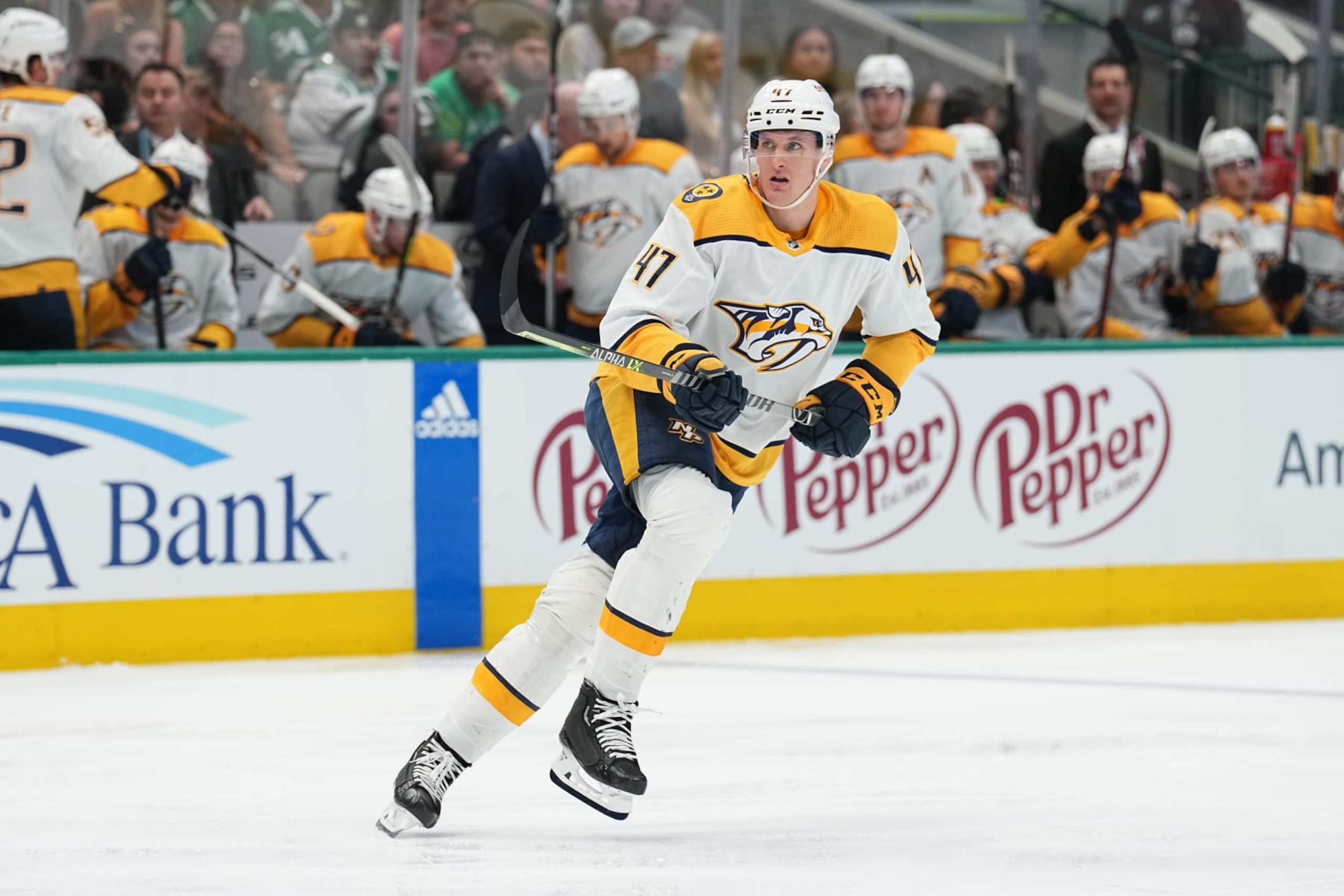 DALLAS, TX - APRIL 3: Michael McCarron #47 of the Nashville Predators skates against the Dallas Stars at the American Airlines Center on April 3, 2023 in Dallas, Texas. (Photo by Glenn James/NHLI via Getty Images)
