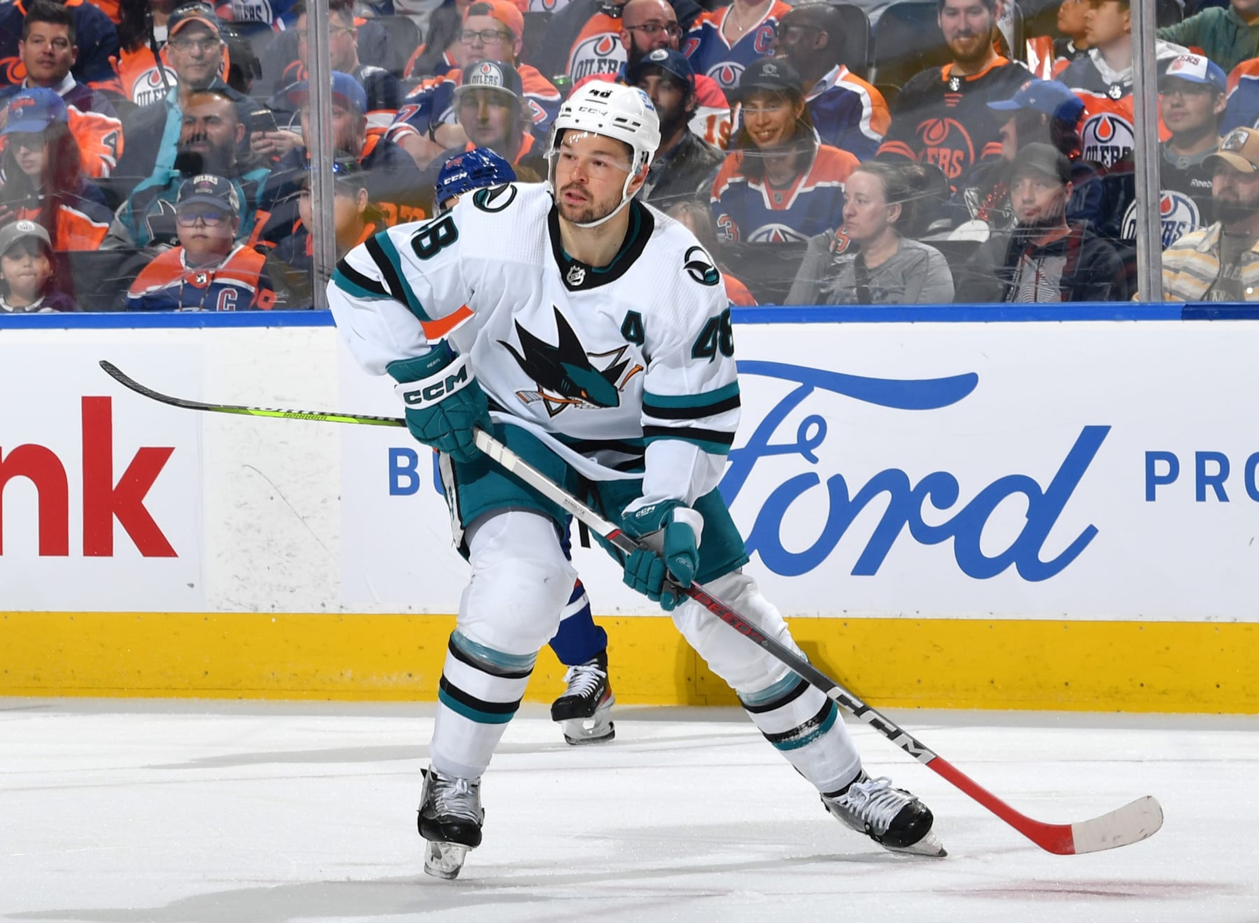 EDMONTON, CANADA - APRIL 13: Tomas Hertl #48 of the San Jose Sharks skates during the game against the Edmonton Oilers on April 13, 2023 at Rogers Place in Edmonton, Alberta, Canada. (Photo by Andy Devlin/NHLI via Getty Images)