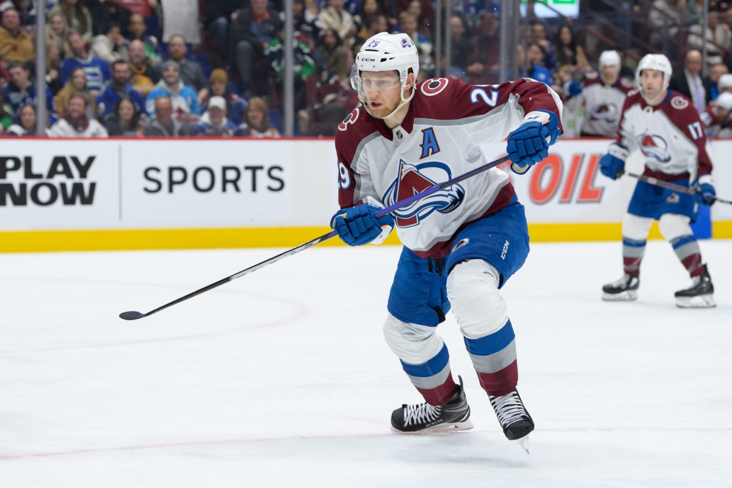 VANCOUVER, CANADA - JANUARY 20: Nathan MacKinnon #29 of the Colorado Avalanche skates up ice during the second period of their NHL game against the Vancouver Canucks at Rogers Arena on January 20, 2023 in Vancouver, British Columbia, Canada. Colorado won 4-1. (Photo by Derek Cain/Getty Images)