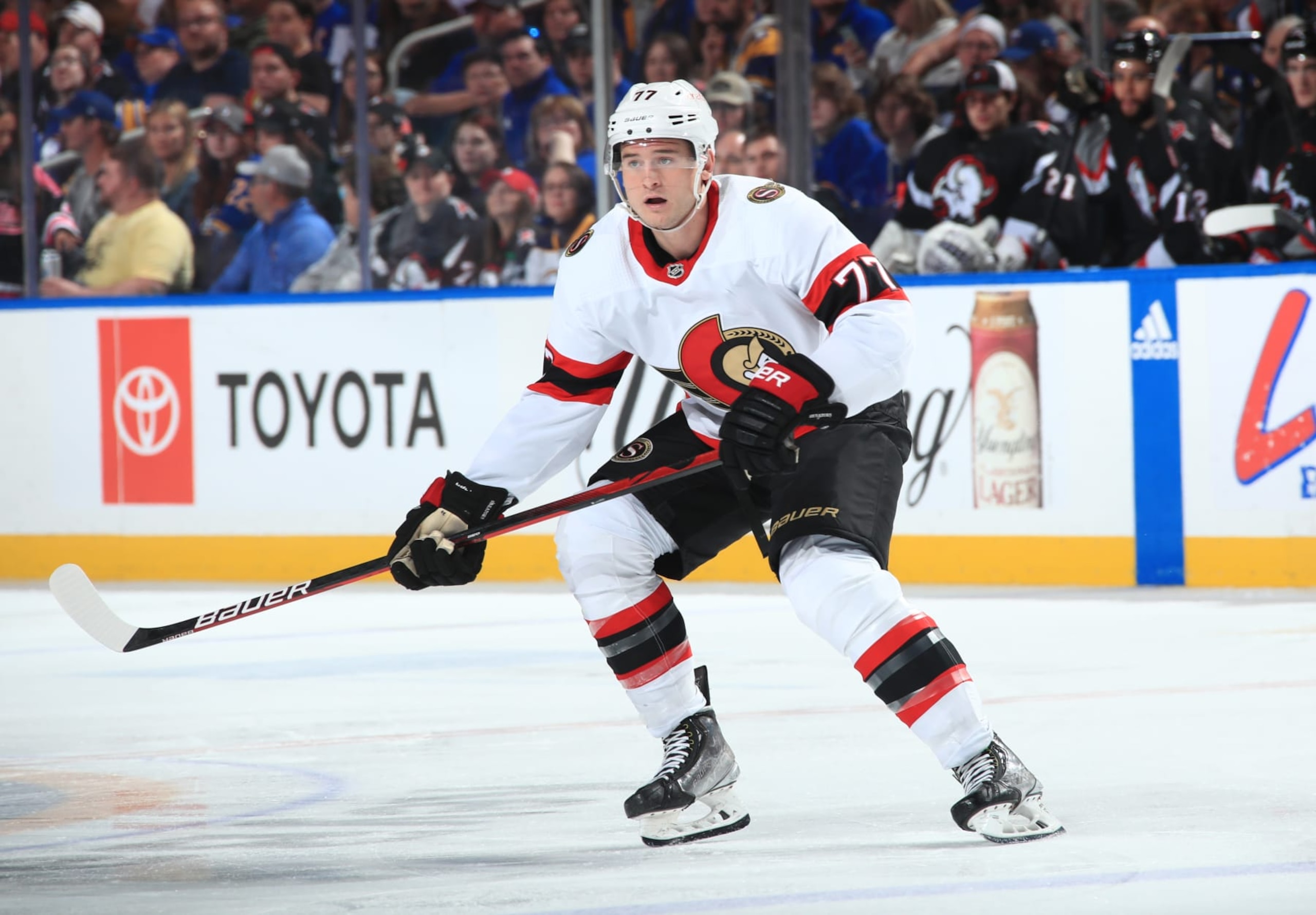 BUFFALO, NY - APRIL 13: Julien Gauthier #77 of the Ottawa Senators skates during an NHL game against the Buffalo Sabres on April 13, 2023 at KeyBank Center in Buffalo, New York. (Photo by Bill Wippert/NHLI via Getty Images)