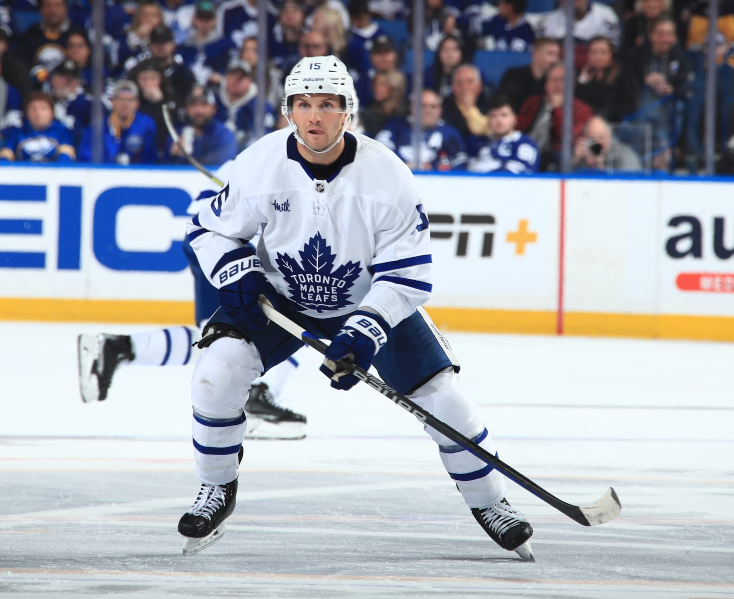 BUFFALO, NY - FEBRUARY 21: Alexander Kerfoot #15 of the Toronto Maple Leafs skates against the Buffalo Sabres during an NHL game on February 21, 2023 at KeyBank Center in Buffalo, New York. (Photo by Bill Wippert/NHLI via Getty Images)