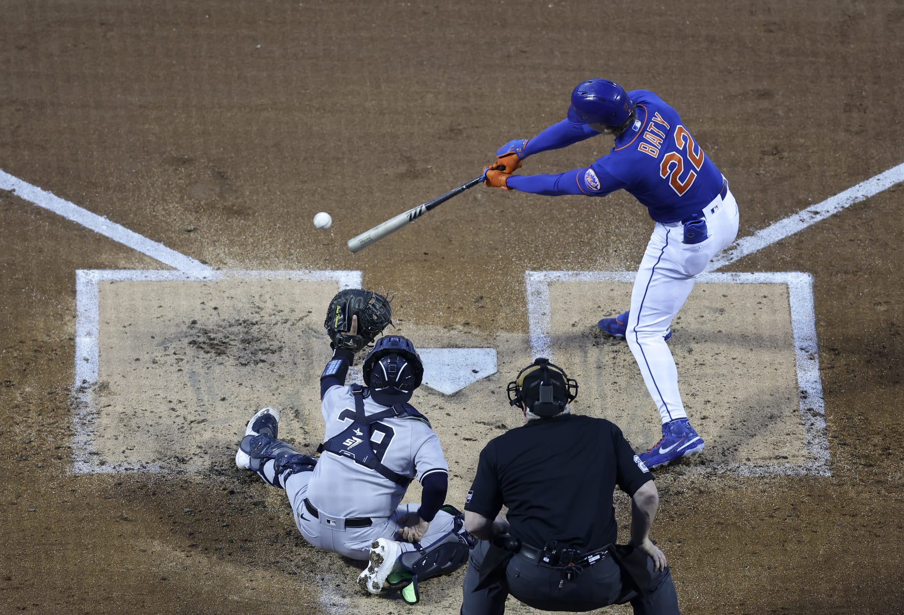 NEW YORK, NEW YORK - JUNE 14:  Brett Baty #22 of the New York Mets in action against the New York Yankees at Citi Field on June 14, 2023 in New York City. The Mets defeated the Yankees 4-3 in ten innings. (Photo by Jim McIsaac/Getty Images)