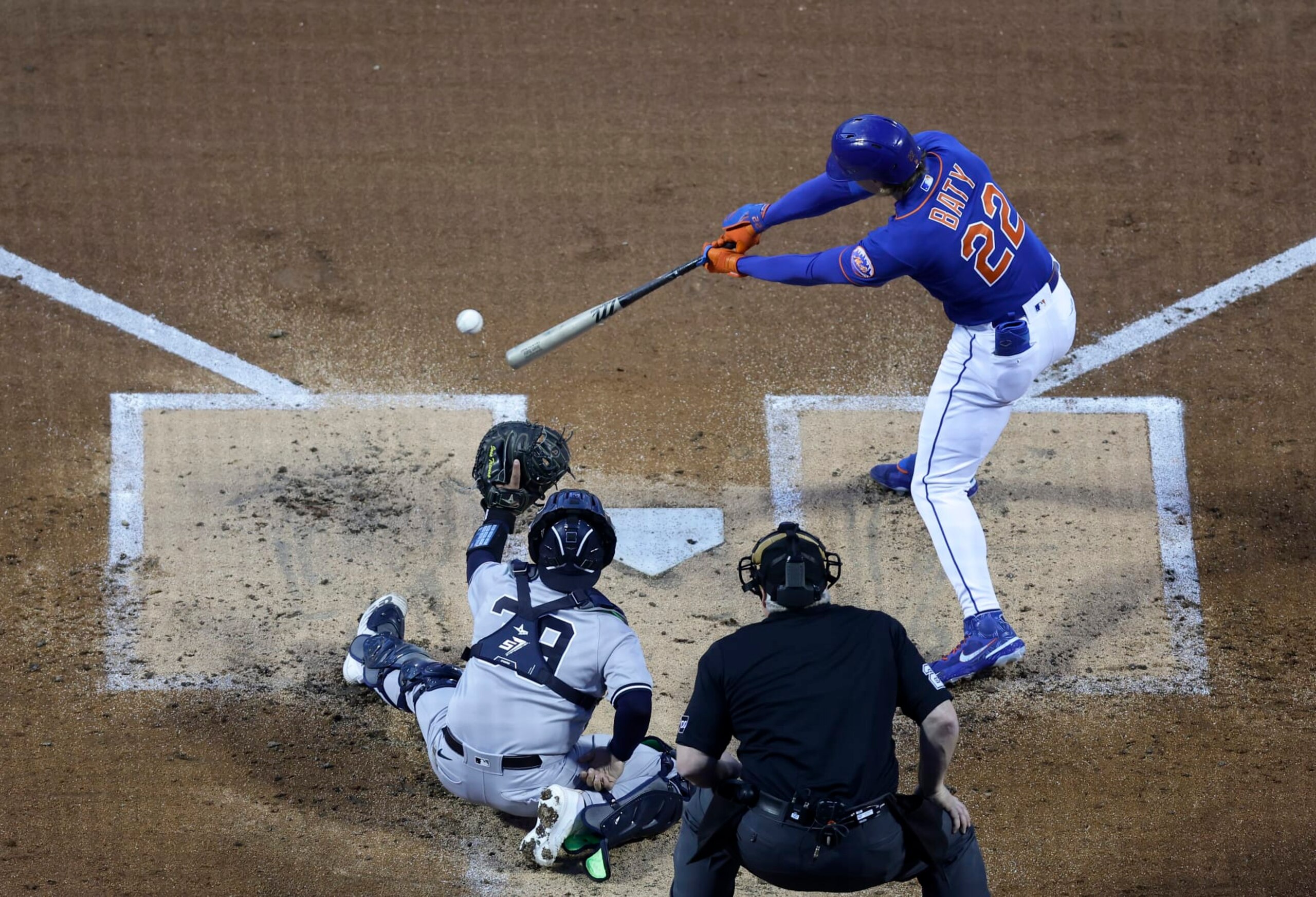 NEW YORK, NEW YORK - JUNE 14:  Brett Baty #22 of the New York Mets in action against the New York Yankees at Citi Field on June 14, 2023 in New York City. The Mets defeated the Yankees 4-3 in ten innings. (Photo by Jim McIsaac/Getty Images)