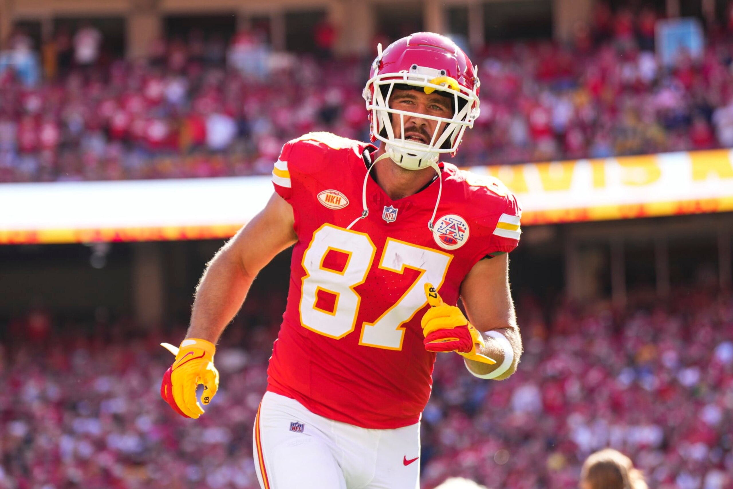 KANSAS CITY, MO - SEPTEMBER 24: Travis Kelce #87 of the Kansas City Chiefs runs out of the tunnel prior to at GEHA Field at Arrowhead Stadium on September 24, 2023 in Kansas City, Missouri. (Photo by Cooper Neill/Getty Images)