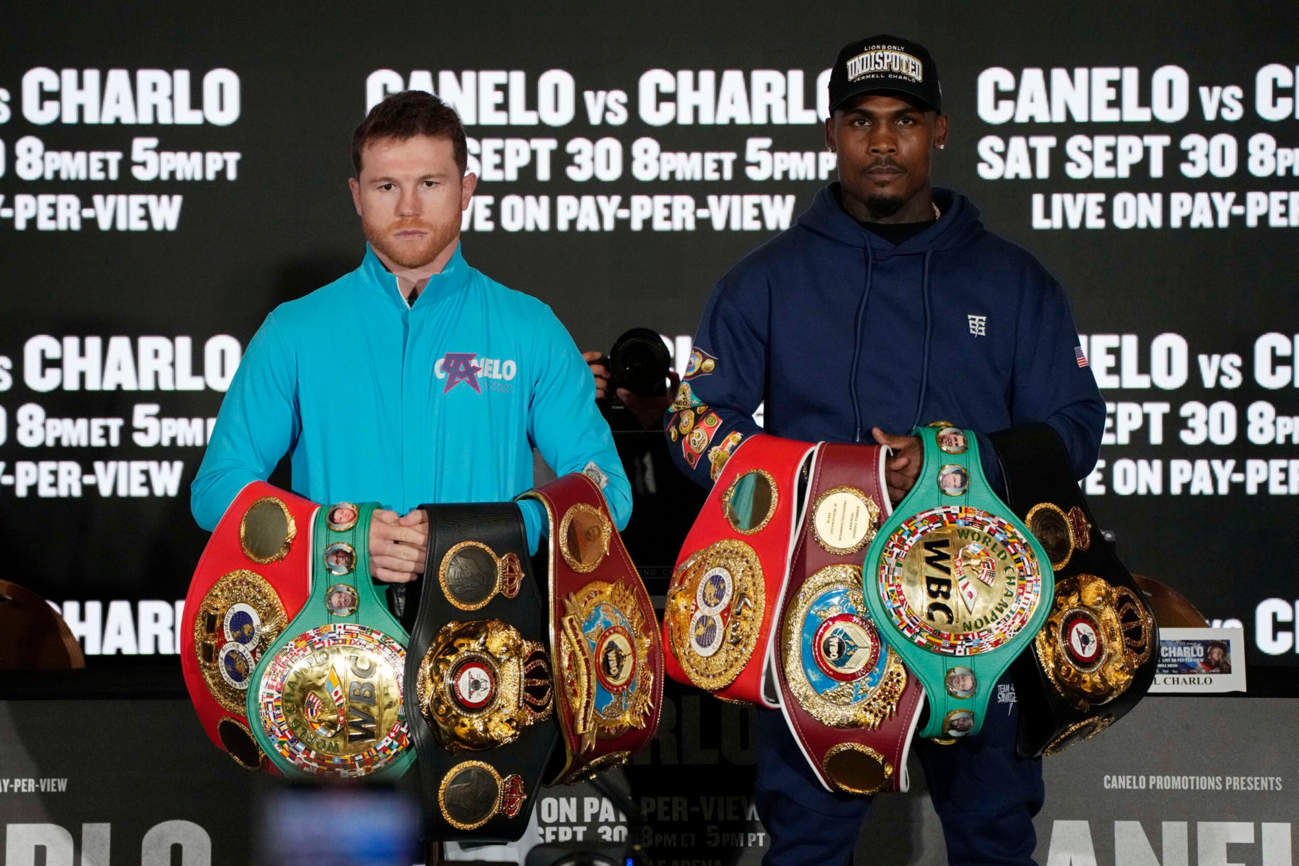 Canelo Alvarez, left, of Mexico, and Jermell Charlo pose during a news conference Wednesday, Sept. 27, 2023, in Las Vegas. The two are scheduled to fight in a super middleweight title boxing match Saturday in Las Vegas. (AP Photo/John Locher) Canelo Alvarez, left, of Mexico, and Jermell Charlo pose during a news conference Wednesday, Sept. 27, 2023, in Las Vegas. The two are scheduled to fight in a super middleweight title boxing match Saturday in Las Vegas. (AP Photo/John Locher)