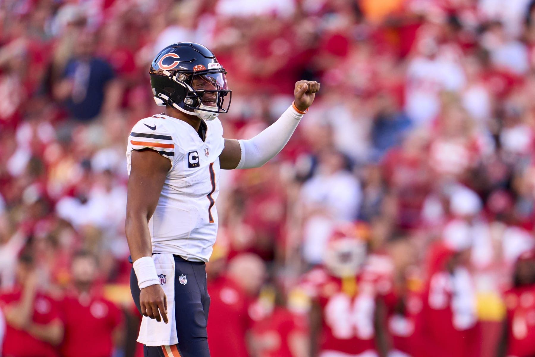KANSAS CITY, MO - SEPTEMBER 24: Justin Fields #1 of the Chicago Bears reacts after a play against the Kansas City Chiefs during the second half at GEHA Field at Arrowhead Stadium on September 24, 2023 in Kansas City, Missouri. (Photo by Cooper Neill/Getty Images)
