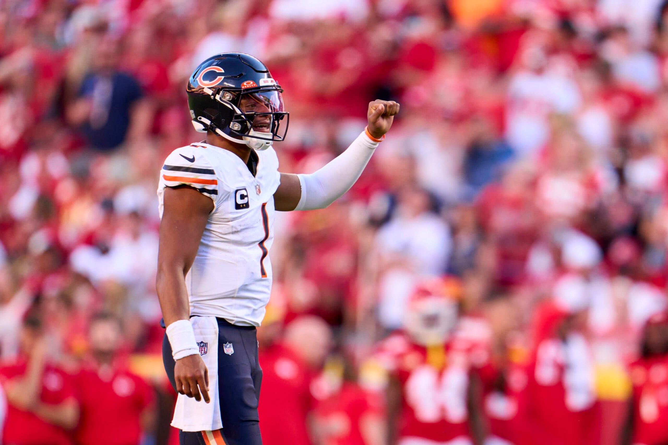 KANSAS CITY, MO - SEPTEMBER 24: Justin Fields #1 of the Chicago Bears reacts after a play against the Kansas City Chiefs during the second half at GEHA Field at Arrowhead Stadium on September 24, 2023 in Kansas City, Missouri. (Photo by Cooper Neill/Getty Images)