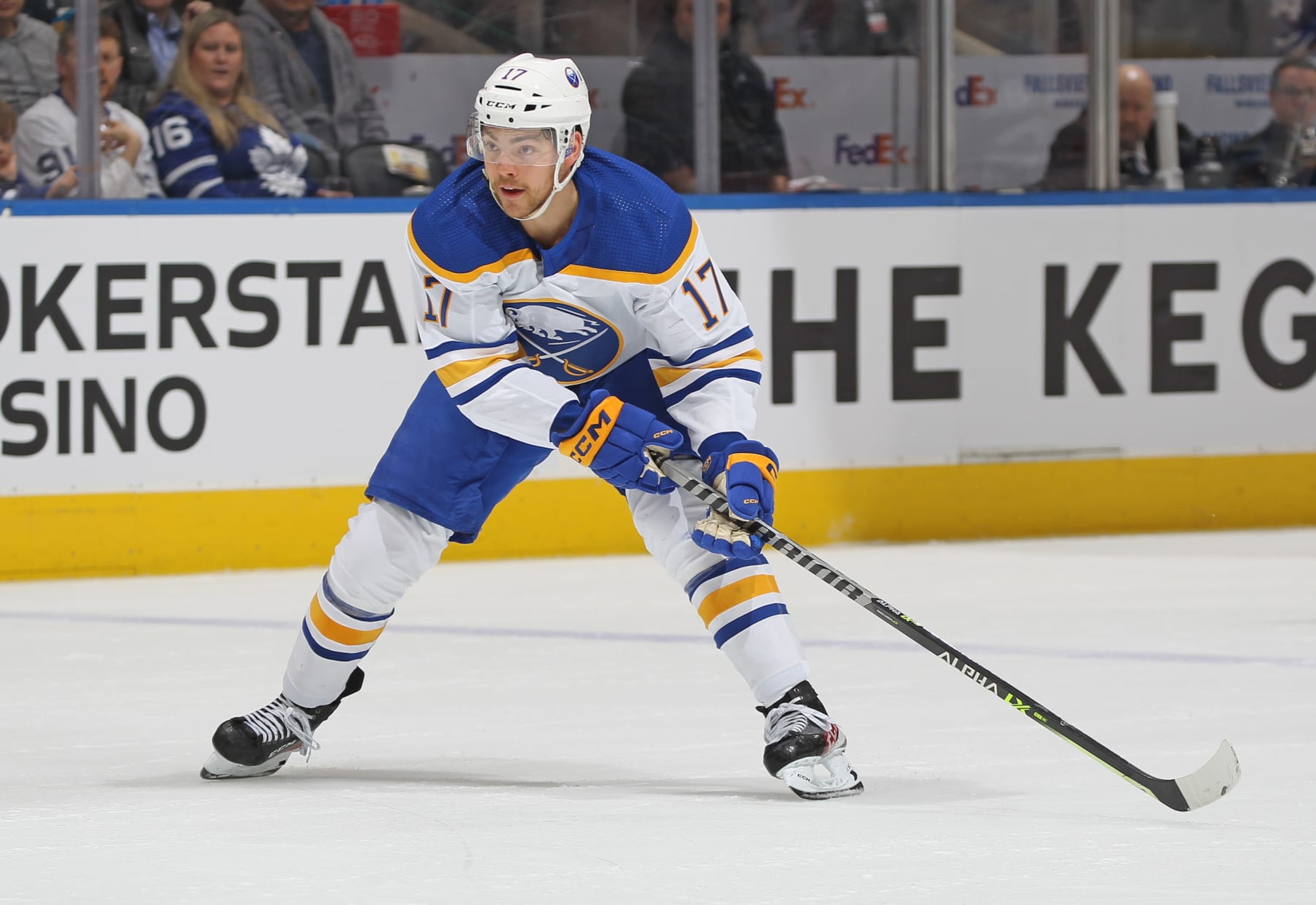 TORONTO, CANADA - MARCH 13:  Tyson Jost #17 of the Buffalo Sabres skates against the Toronto Maple Leafs during an NHL game at Scotiabank Arena on March 13, 2023 in Toronto, Ontario, Canada. The Sabres defeated the Maple Leafs 4-3. (Photo by Claus Andersen/Getty Images)
