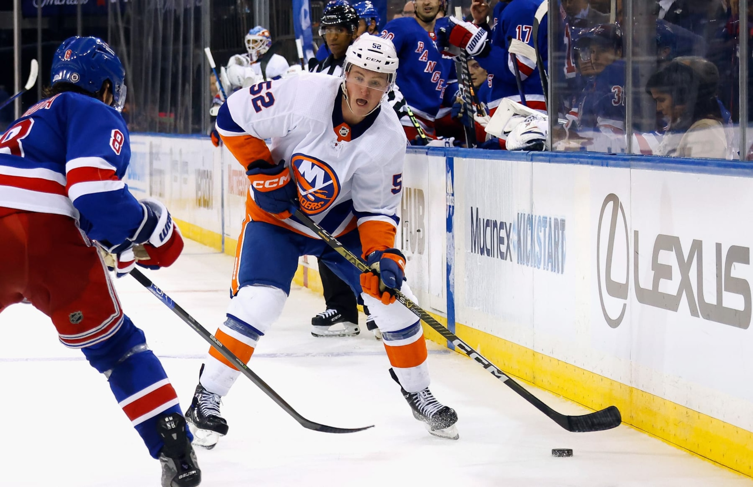 NEW YORK, NEW YORK - SEPTEMBER 26: Kyle MacLean #52 of New York Islanders skates against the New York Rangers during a preseason game at Madison Square Garden on September 26, 2023 in New York City. (Photo by Bruce Bennett/Getty Images)