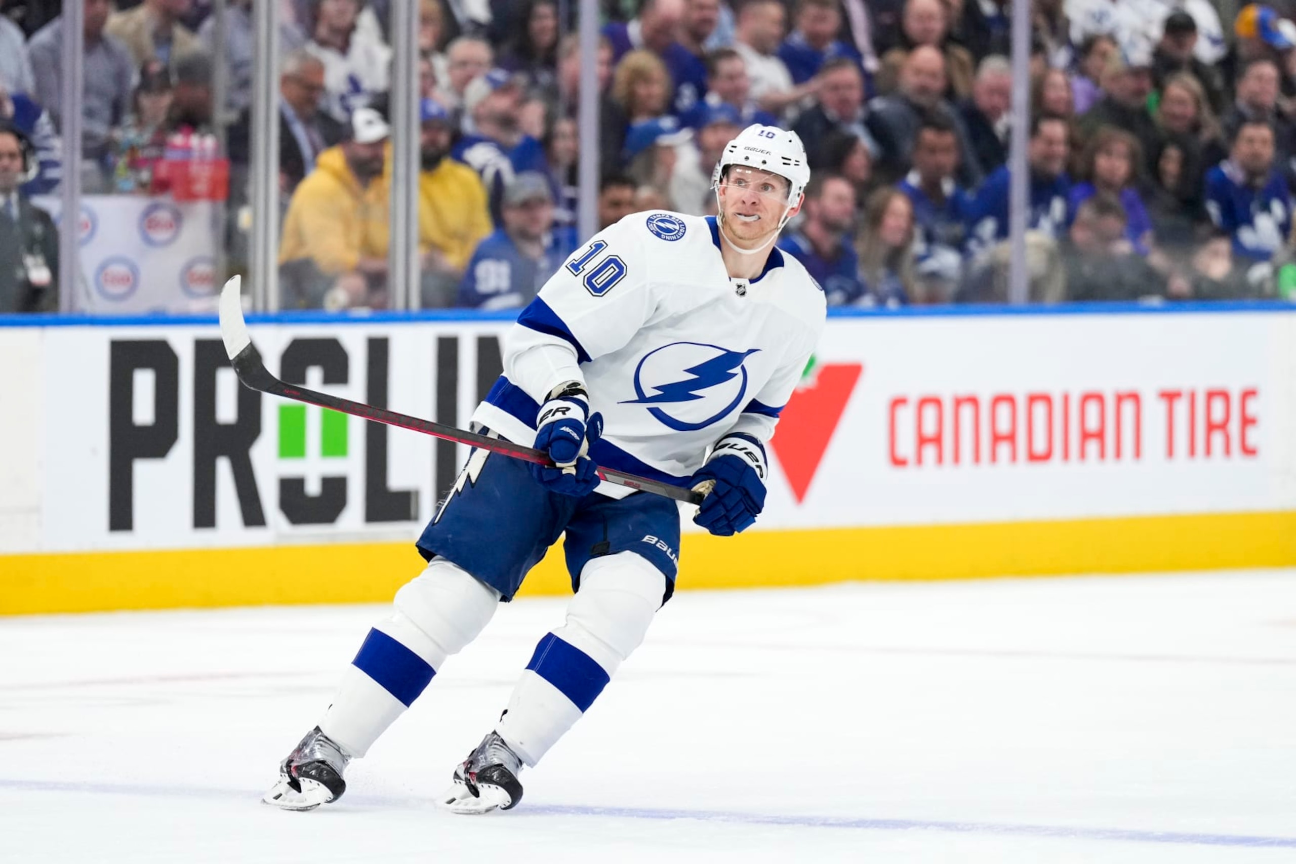 TORONTO, ON - APRIL 27: Corey Perry #10 of the Tampa Bay Lightning skates against Toronto Maple Leafs during the first period in Game Five of the First Round of the 2023 Stanley Cup Playoffs at the Scotiabank Arena on April 27, 2023 in Toronto, Ontario, Canada. (Photo by Kevin Sousa/NHLI via Getty Images)