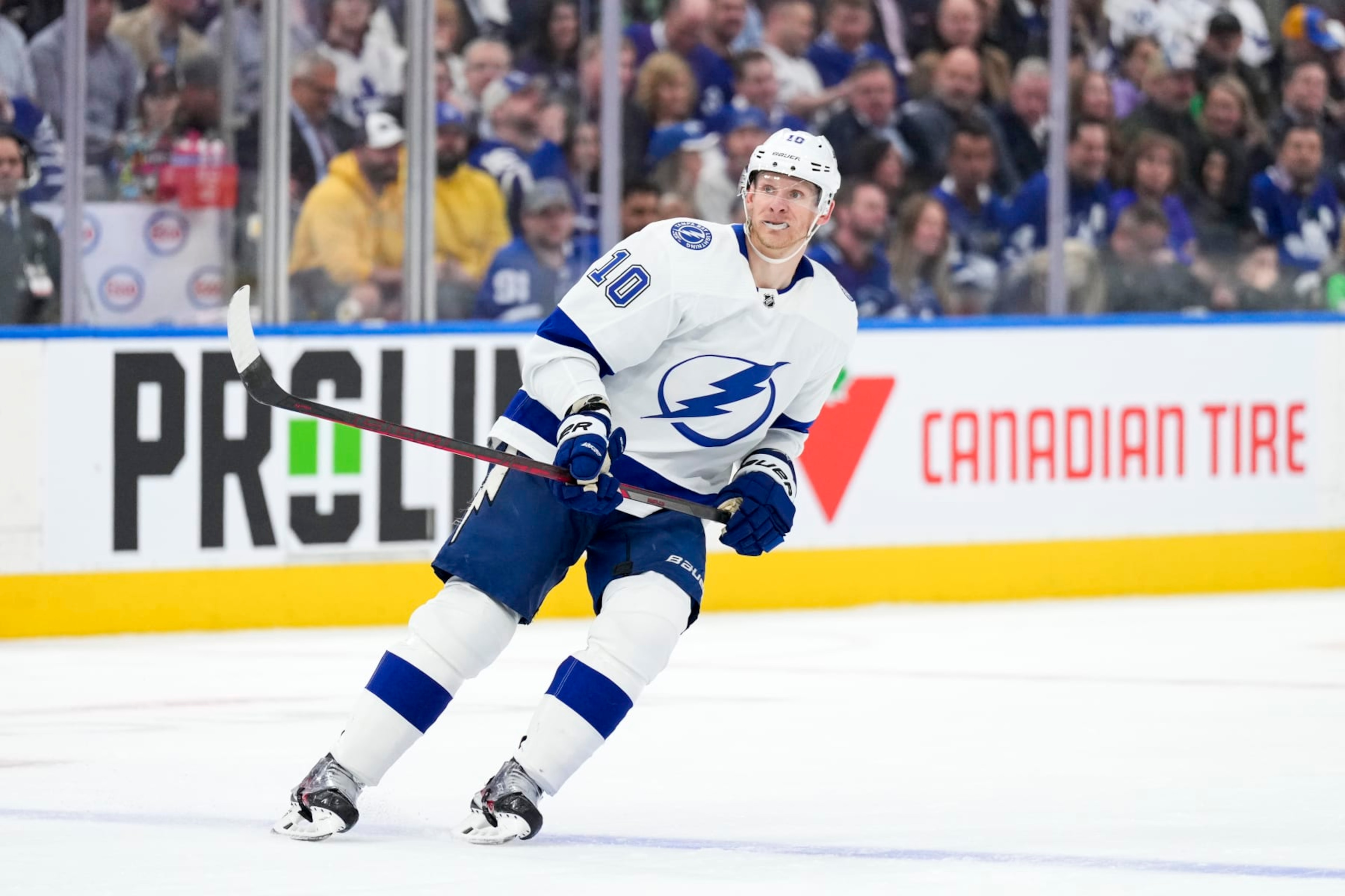 TORONTO, ON - APRIL 27: Corey Perry #10 of the Tampa Bay Lightning skates against Toronto Maple Leafs during the first period in Game Five of the First Round of the 2023 Stanley Cup Playoffs at the Scotiabank Arena on April 27, 2023 in Toronto, Ontario, Canada. (Photo by Kevin Sousa/NHLI via Getty Images)