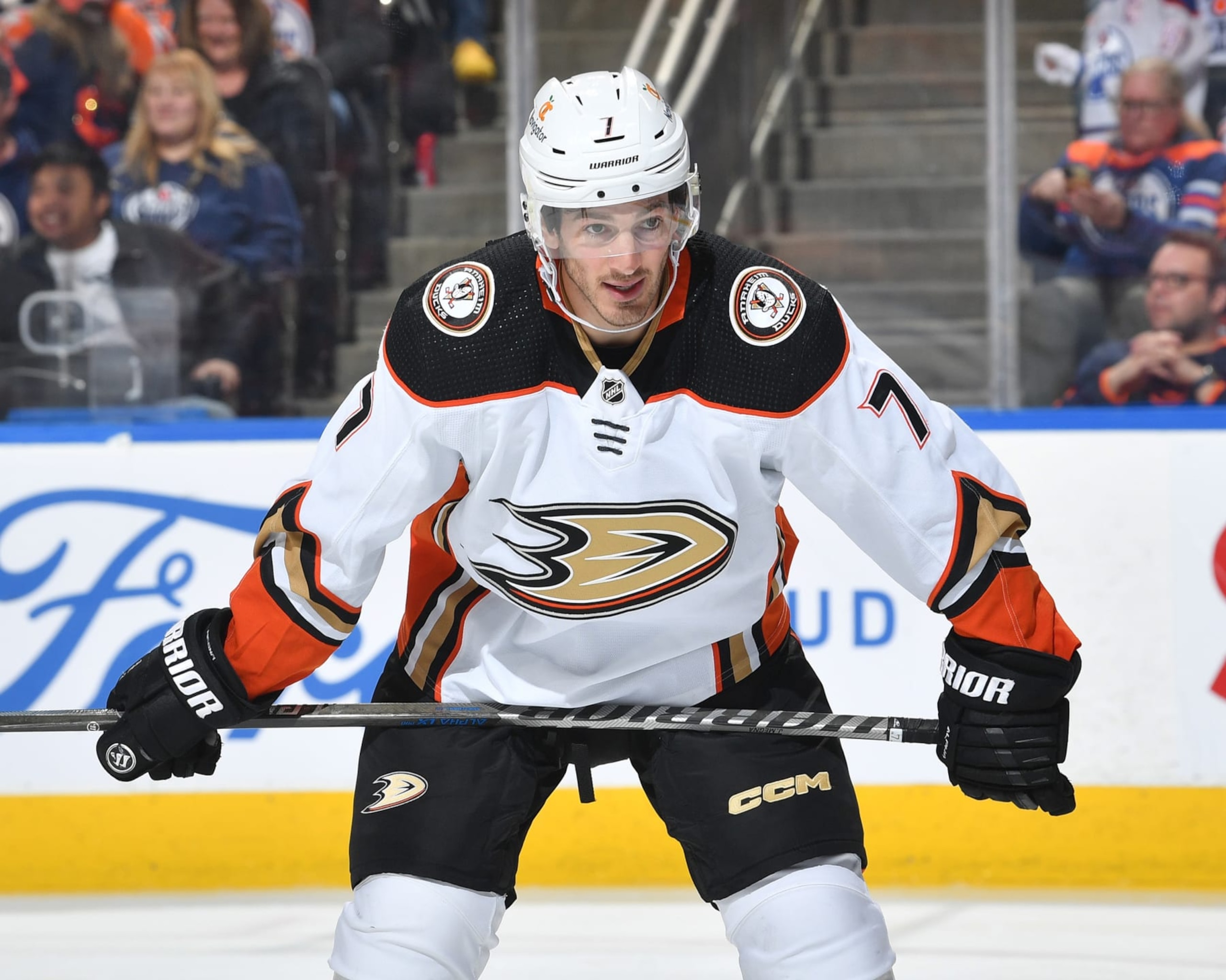 EDMONTON, CANADA - APRIL 01: Jayson Megna #7 of the Anaheim Ducks awaits a face-off during the game against the Edmonton Oilers on April 1, 2023 at Rogers Place in Edmonton, Alberta, Canada. (Photo by Andy Devlin/NHLI via Getty Images)