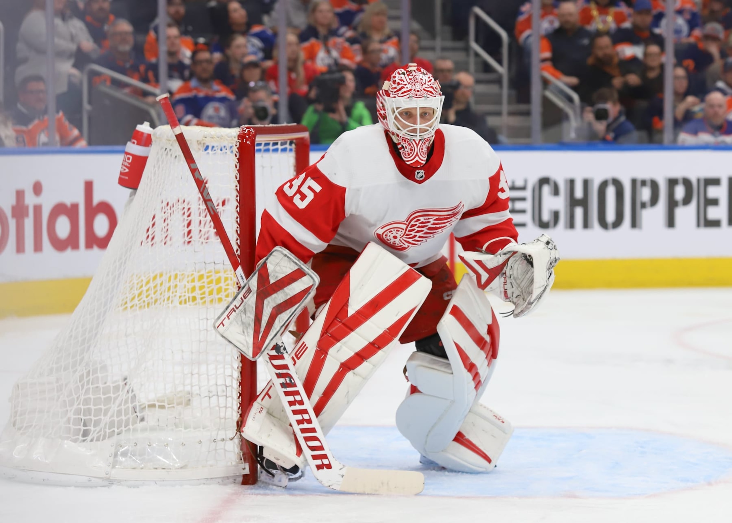 EDMONTON, CANADA - FEBRUARY 15: Ville Husso #35 of the Detroit Red Wings set up to make a save in the third period the Edmonton Oilers on February 15, 2023 at Rogers Place in Edmonton, Alberta, Canada. (Photo by Lawrence Scott/Getty Images)