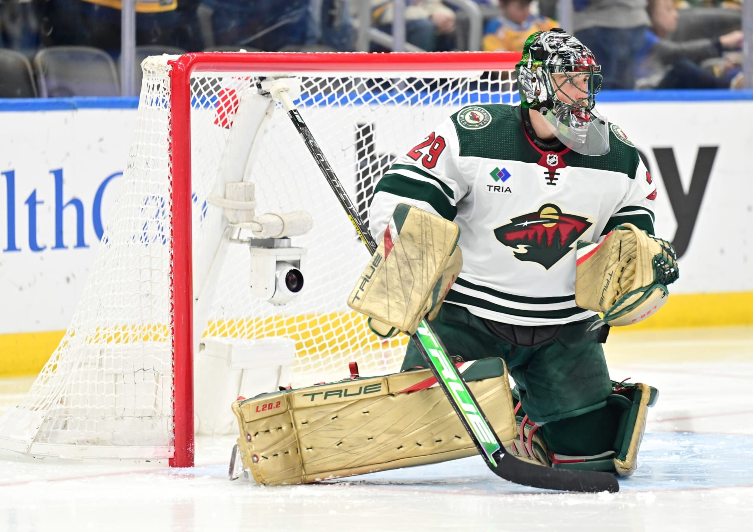 ST. LOUIS, MO - MARCH 15: Minnesota Wild goaltender Marc-Andre Fleury (29) as seen during a NHL game between the Minnesota Wild and the St. Louis Blues on March 15, 2023, at Enterprise Center in St. Louis, MO (Photo by Keith Gillett/Icon Sportswire via Getty Images)