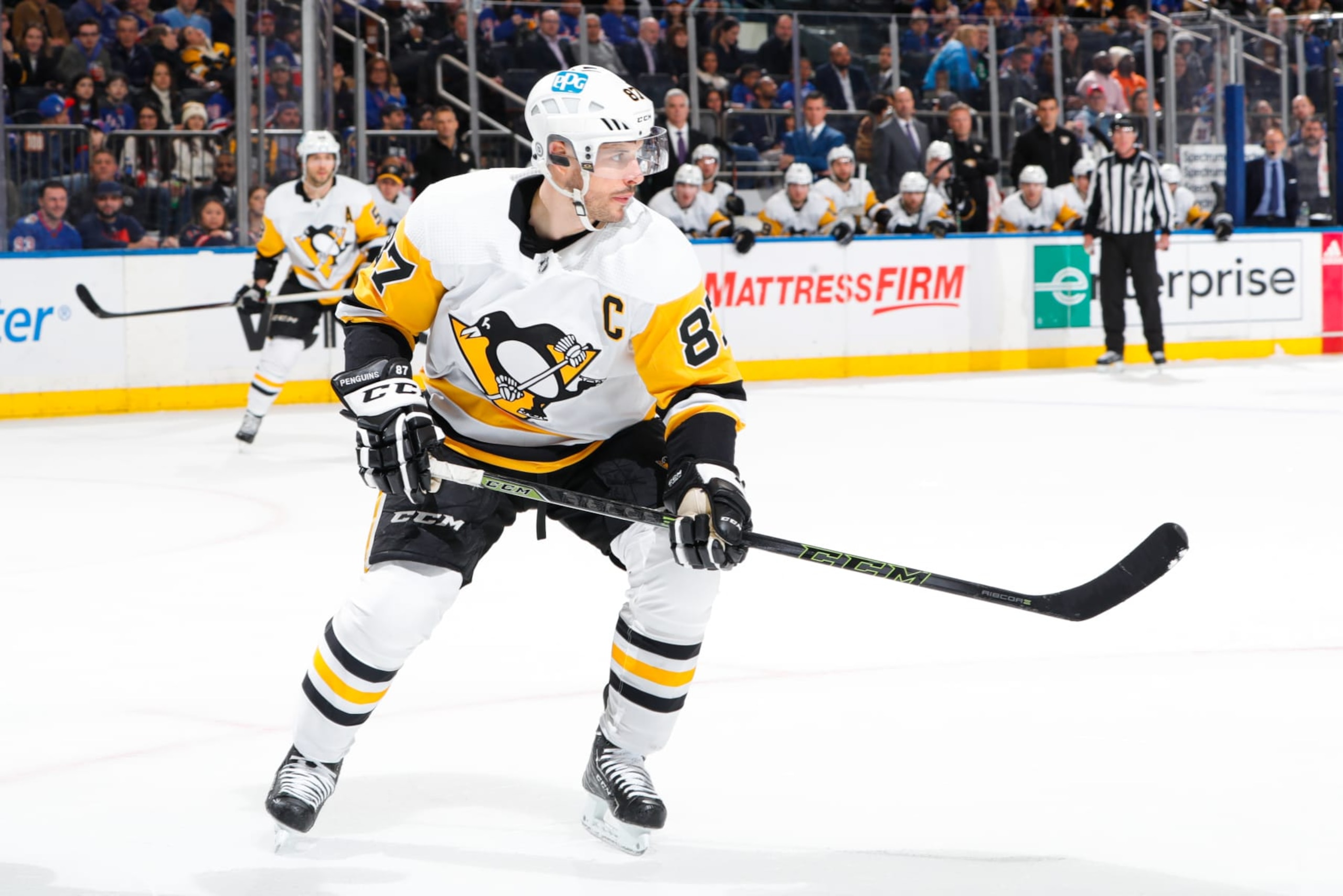 NEW YORK, NEW YORK - MARCH 18:  Sidney Crosby #87 of the Pittsburgh Penguins skates against the New York Rangers at Madison Square Garden on March 18, 2023 in New York City. (Photo by Jared Silber/NHLI via Getty Images)