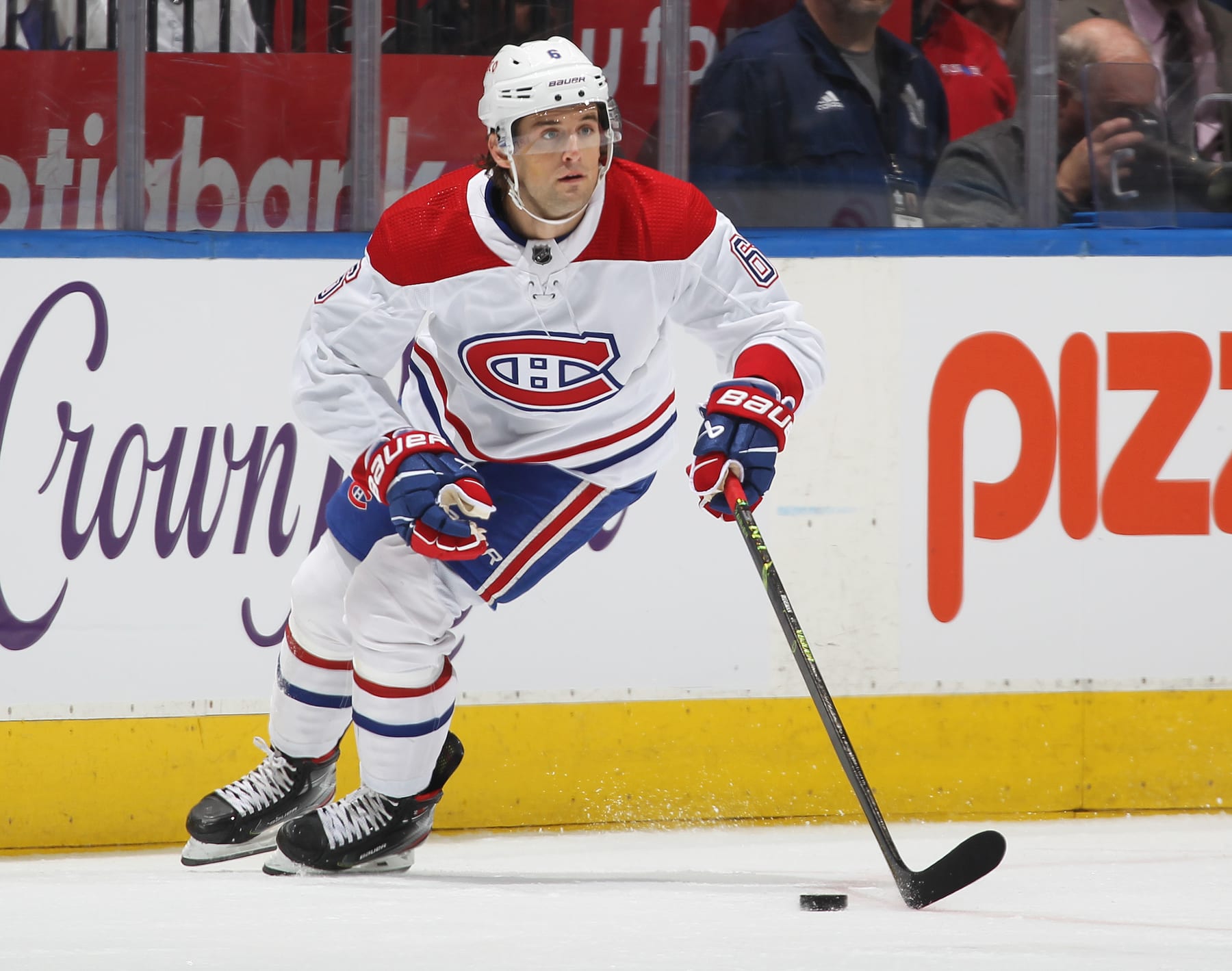TORONTO, CANADA - APRIL 8:  Chris Wideman #6 of the Montreal Canadiens skates with the puck against the Toronto Maple Leafs during an NHL game at Scotiabank Arena on April 8, 2023 in Toronto, Ontario, Canada. The Maple Leafs defeated the Canadiens 7-1.(Photo by Claus Andersen/Getty Images)